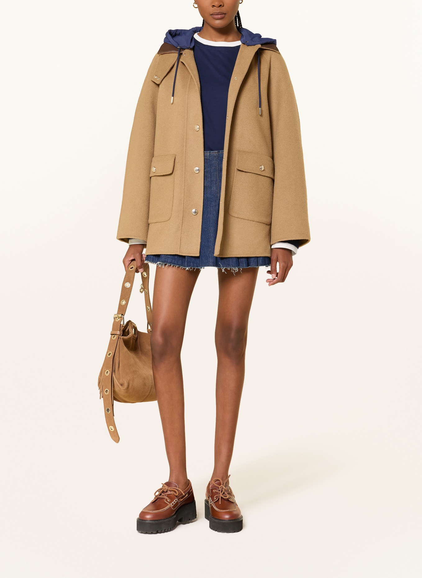 maje Jacke mit abnehmbarer Kapuze: BEIGE / DUNKELBRAUN / DUNKELBLAU