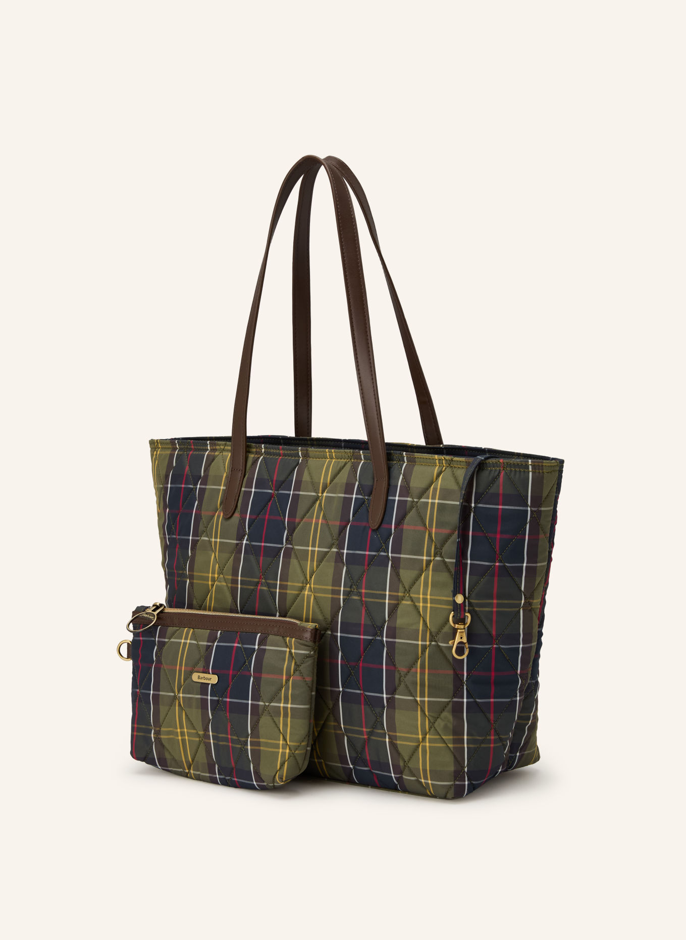 Barbour Shopper WETHERHAM met etui: GROEN / DONKERGRIJS / GEEL