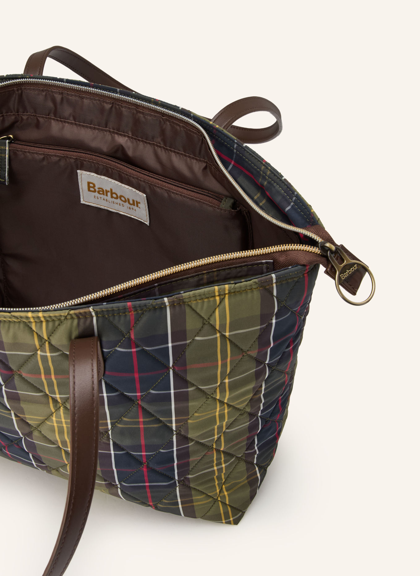 Barbour Shopper WETHERHAM met etui: GROEN / DONKERGRIJS / GEEL