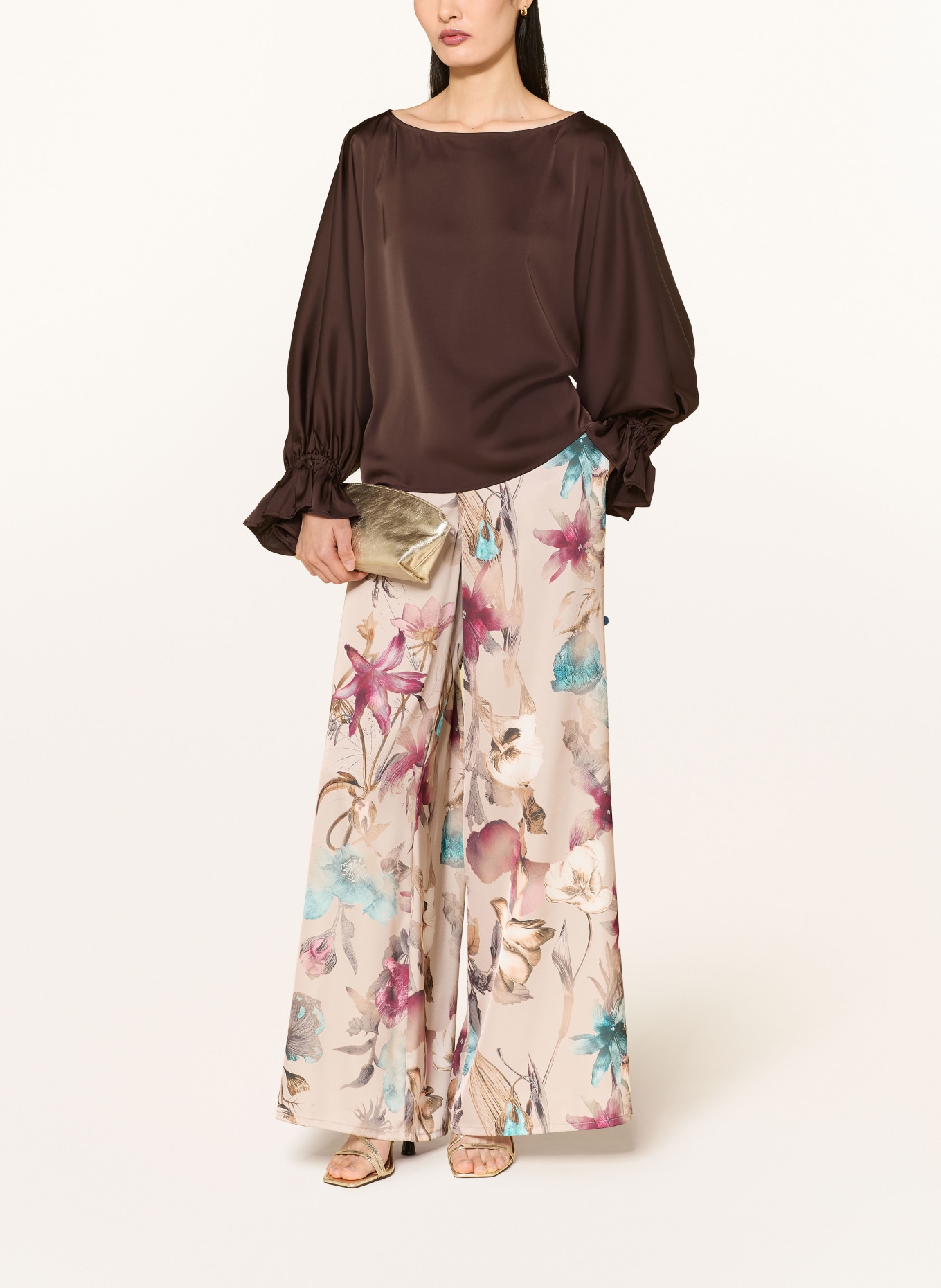 V by Vera Mont Satin blouse with ruffles: DARK BROWN