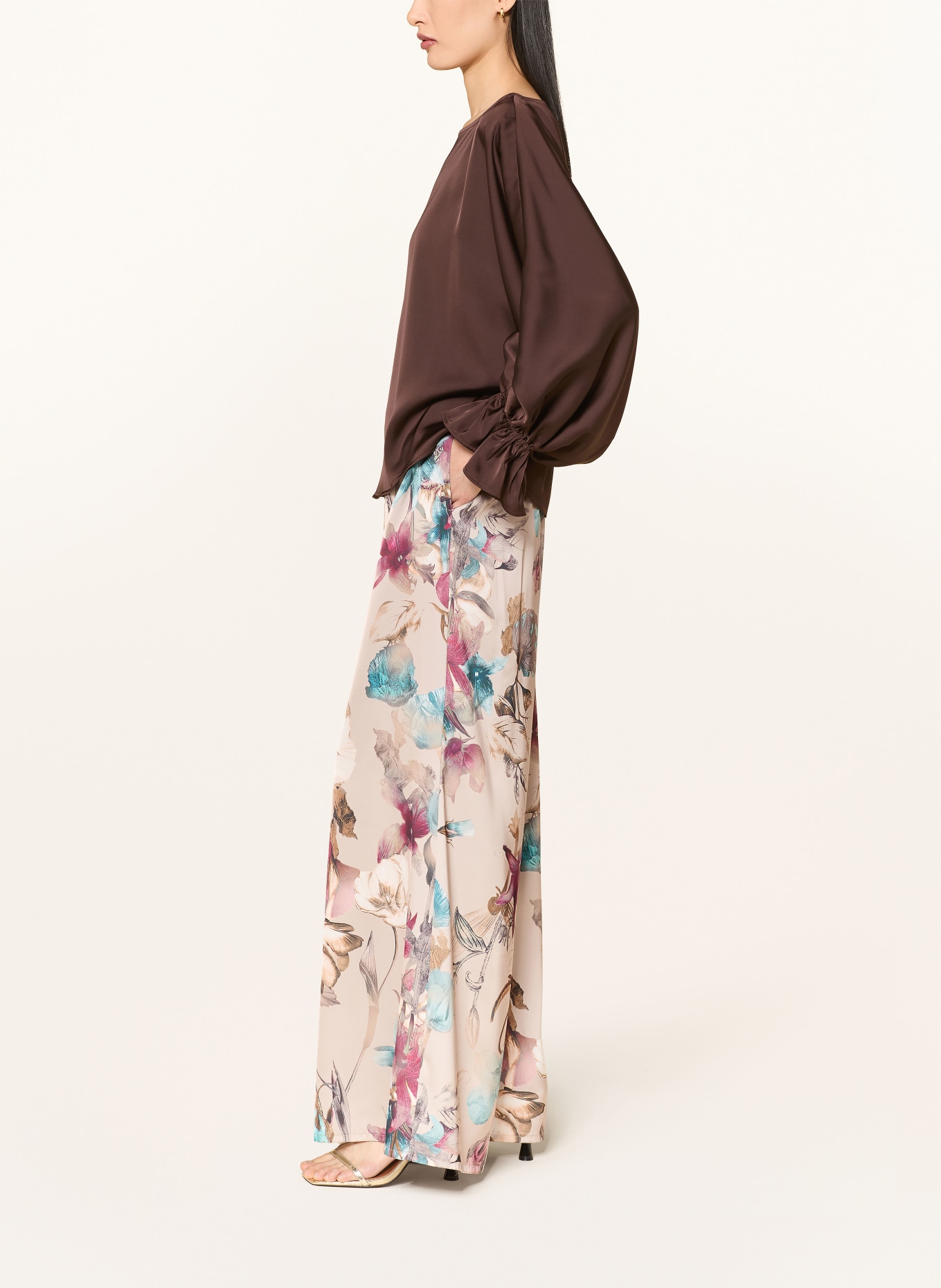 V by Vera Mont Marlene-broek van satijn: BEIGE / DONKERPAARS / TURQUOISE