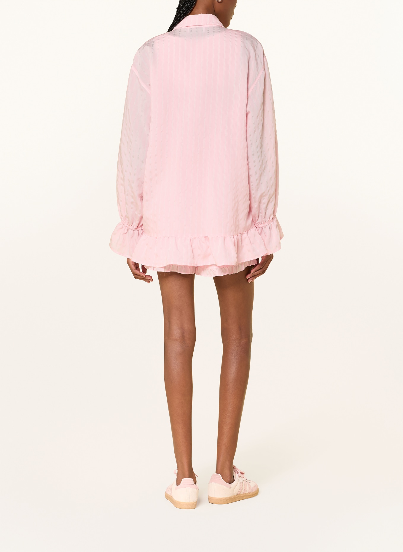 OH APRIL Košilová blůza SELINA s volánky: RŮŽOVÁ / BÍLÁ