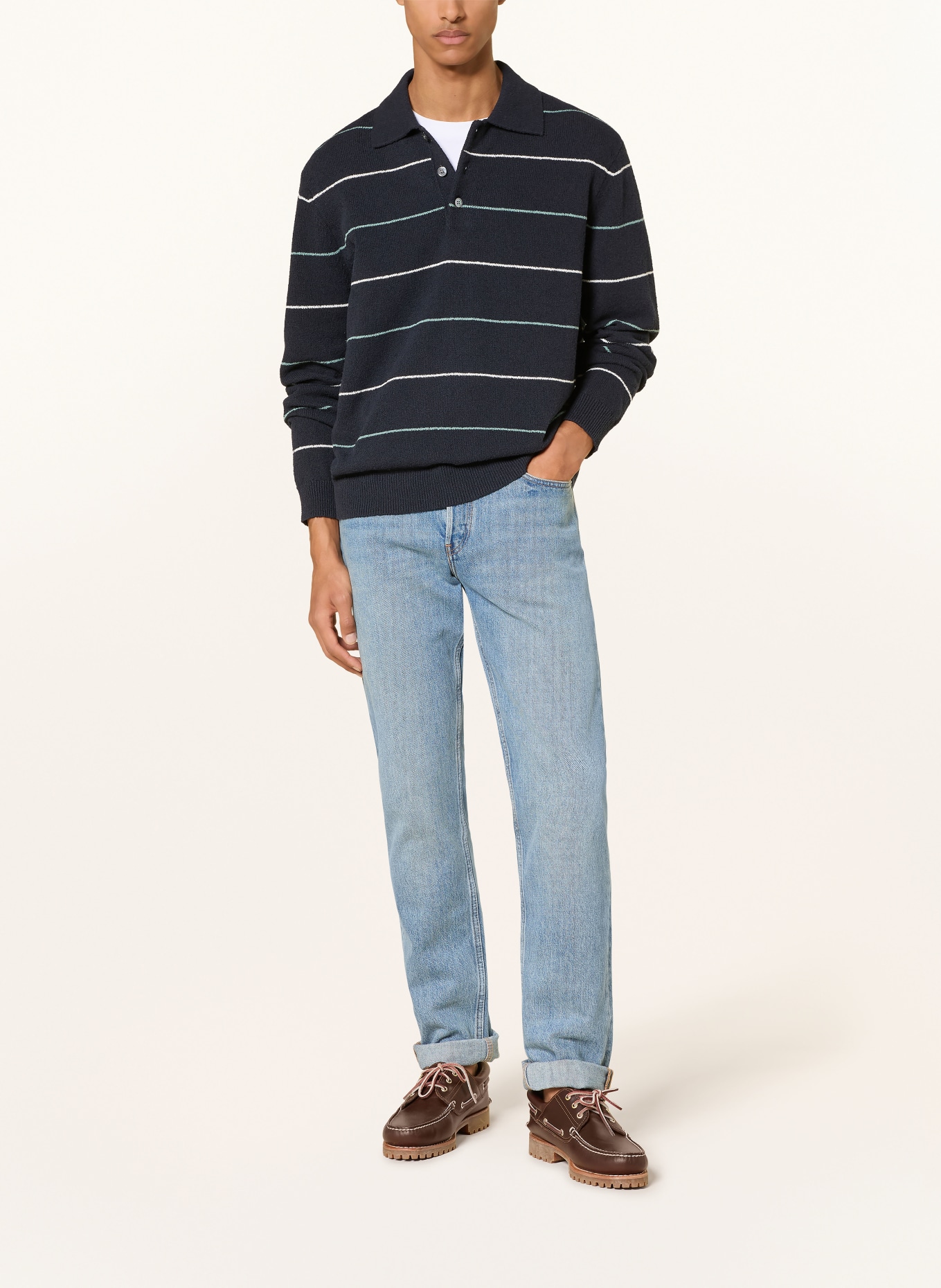 ARKET Gebreid poloshirt: DONKERBLAUW / MINT / WIT