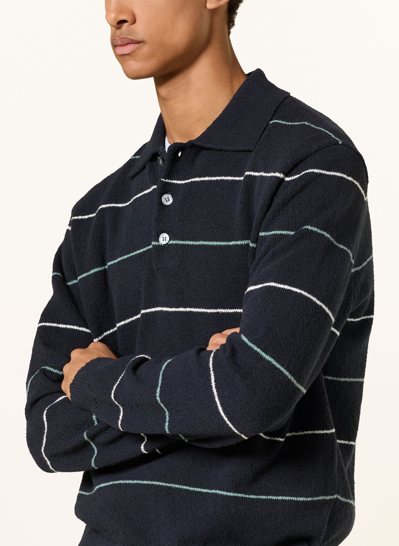 ARKET Gebreid poloshirt: DONKERBLAUW / MINT / WIT