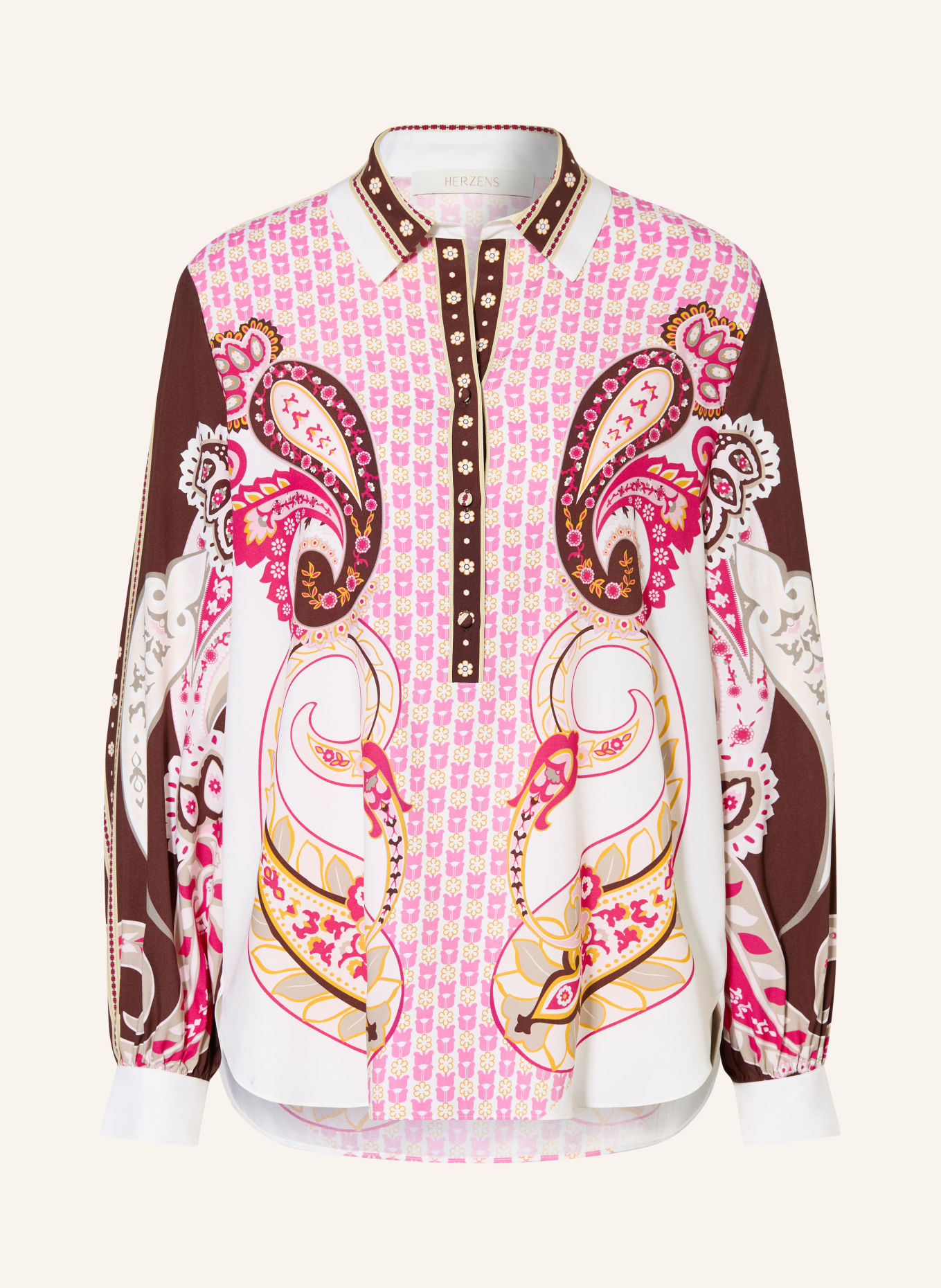 HERZENS Chemisier en soie: BLANC / MARRON FONCÉ / ROSE