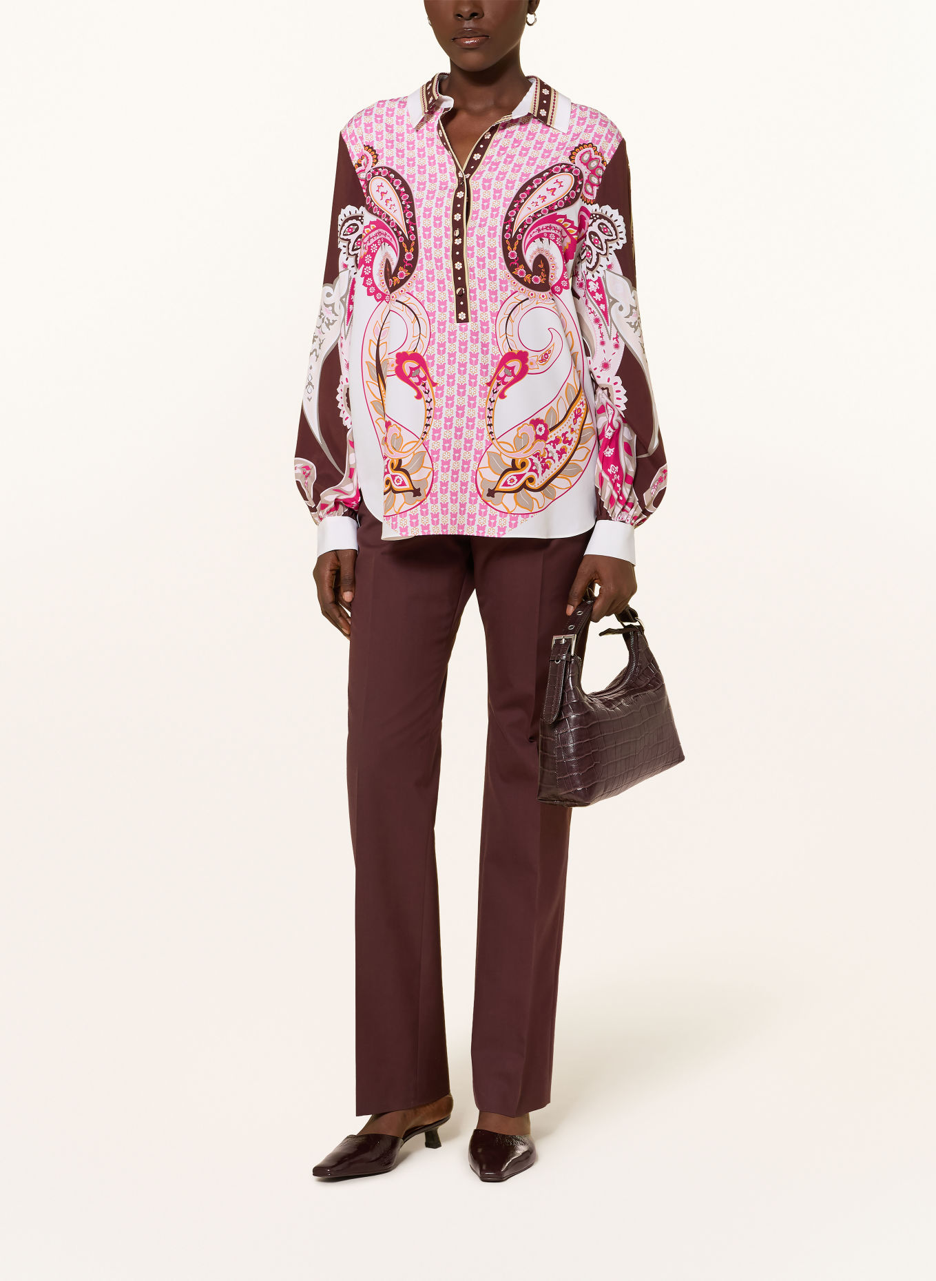 HERZENS Chemisier en soie: BLANC / MARRON FONCÉ / ROSE