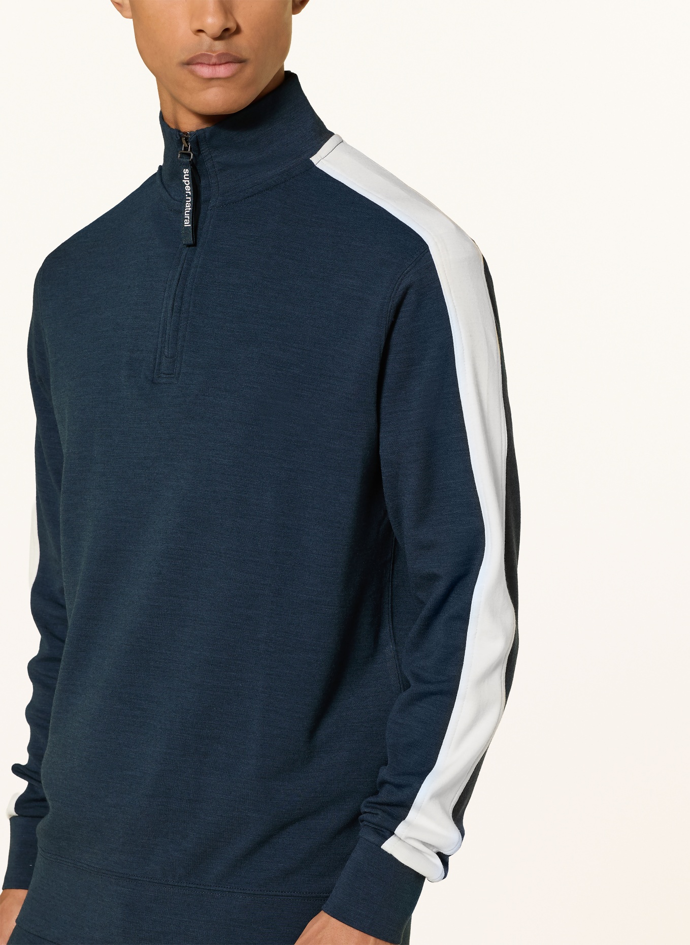 super.natural COLORADO Jersey Sweater with Merino Wool: DARK BLUE / WHITE