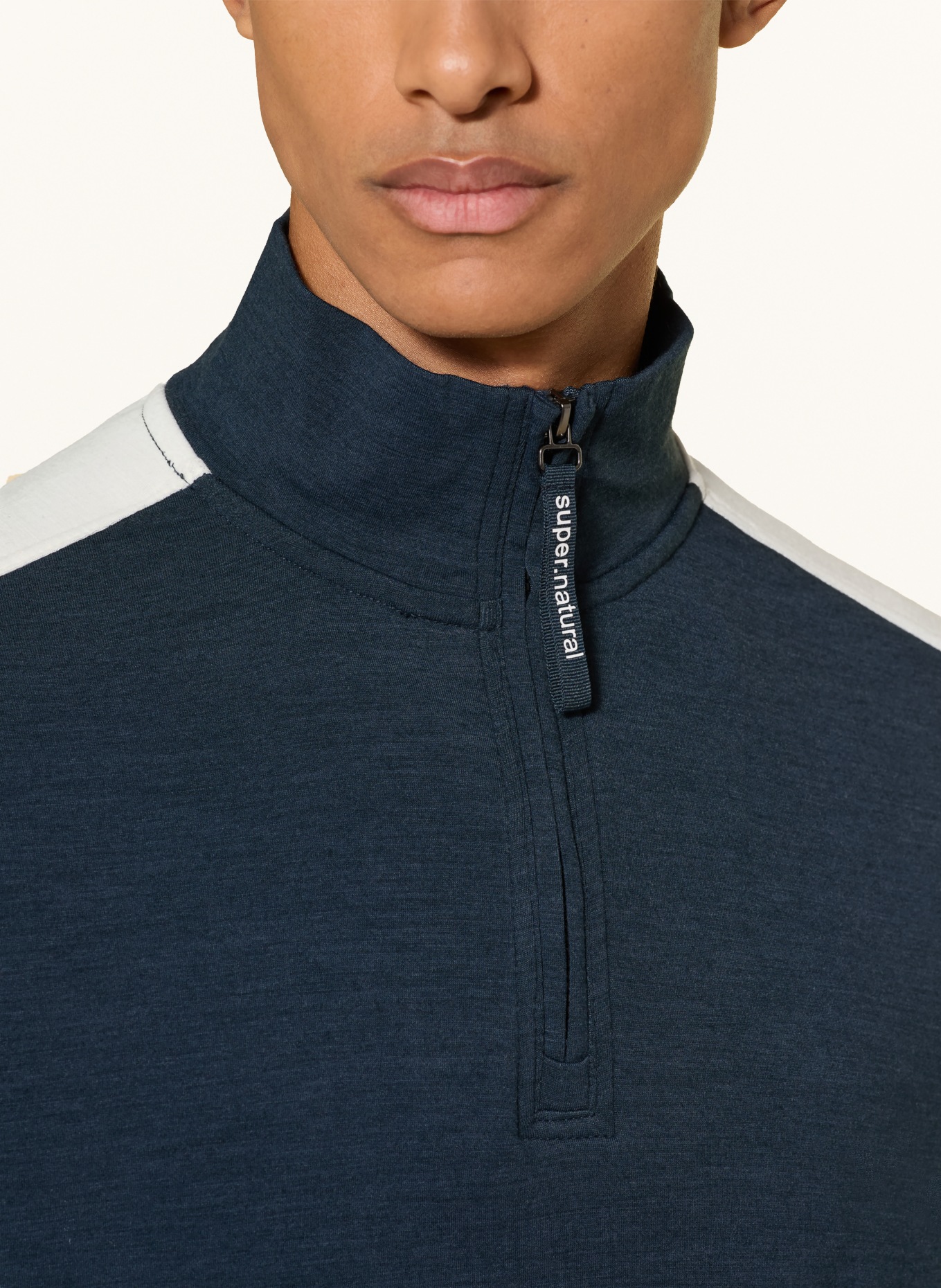 super.natural COLORADO Jersey Sweater with Merino Wool: DARK BLUE / WHITE