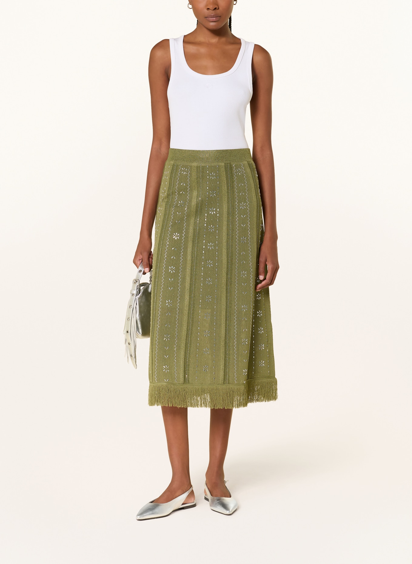 maje Rock mit Glitzergarn und Schmucksteinen: OLIV / SILBER