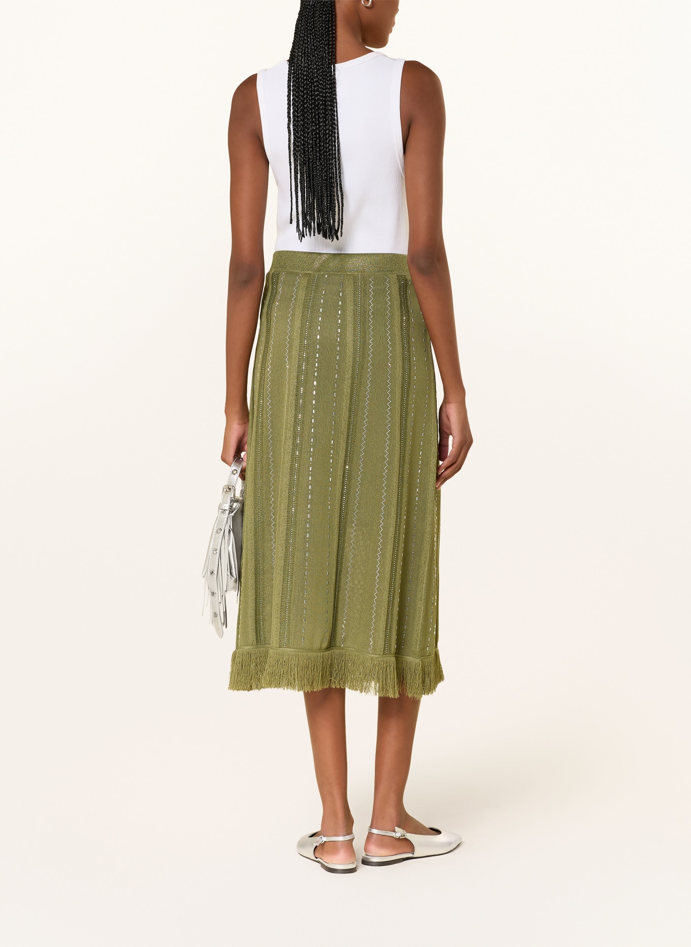 maje Rock mit Glitzergarn und Schmucksteinen: OLIV / SILBER