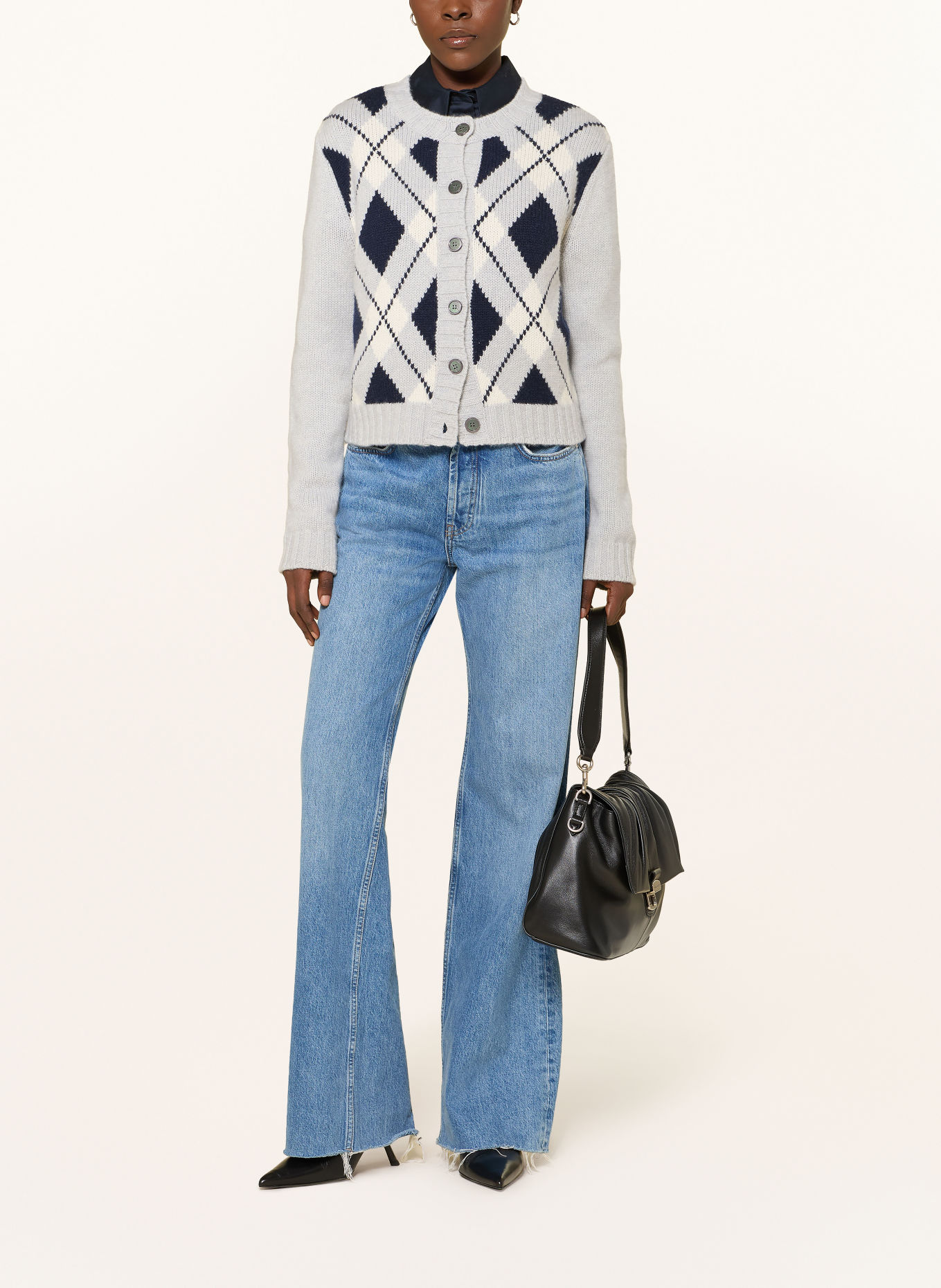Alcidia da Veiga Cardigan en cachemire: BLEU GRIS / CRÈME / BLEU FONCÉ
