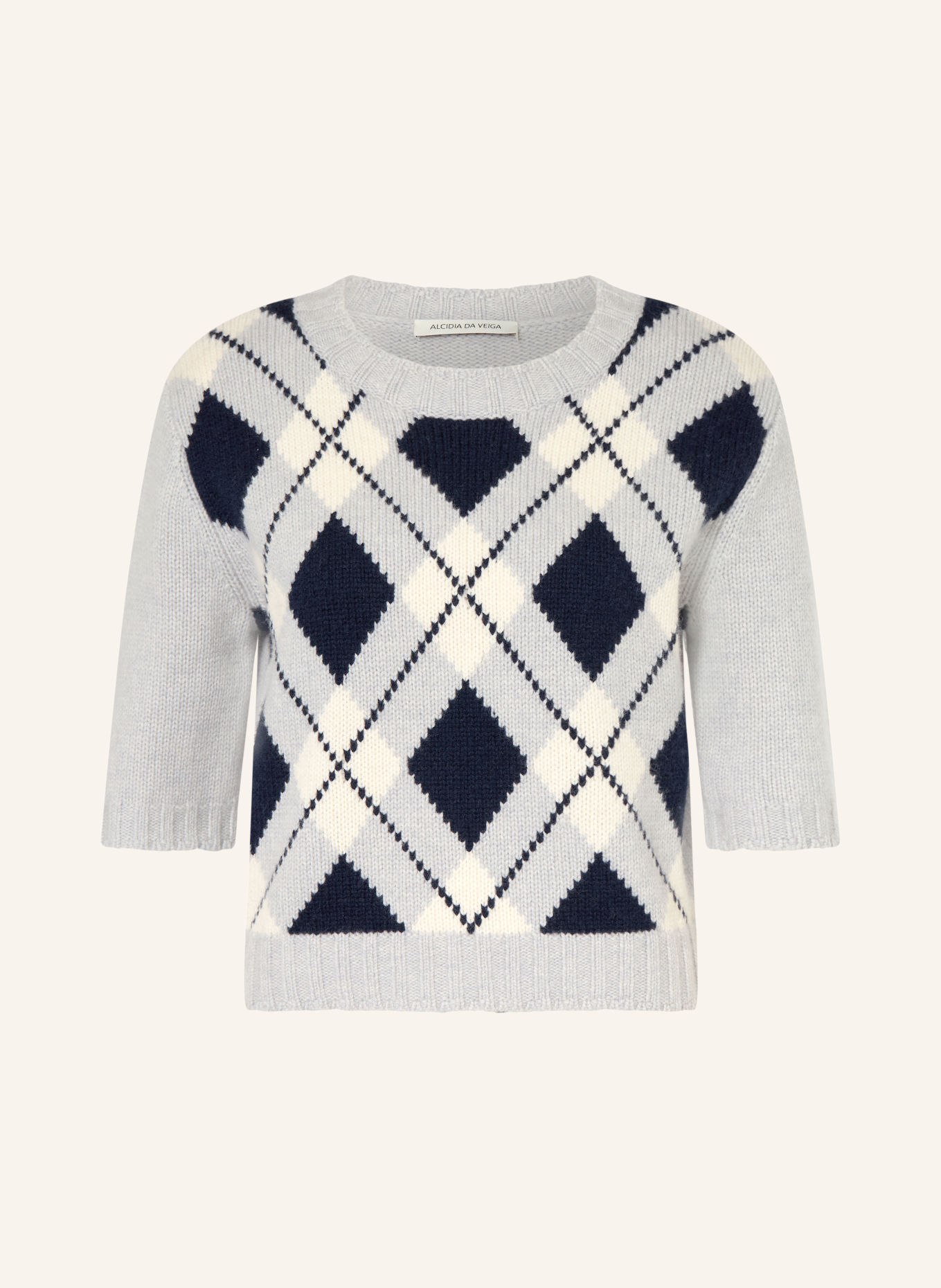 Alcidia da Veiga Pull en cachemire à manches 3/4: BLEU GRIS / CRÈME / BLEU FONCÉ