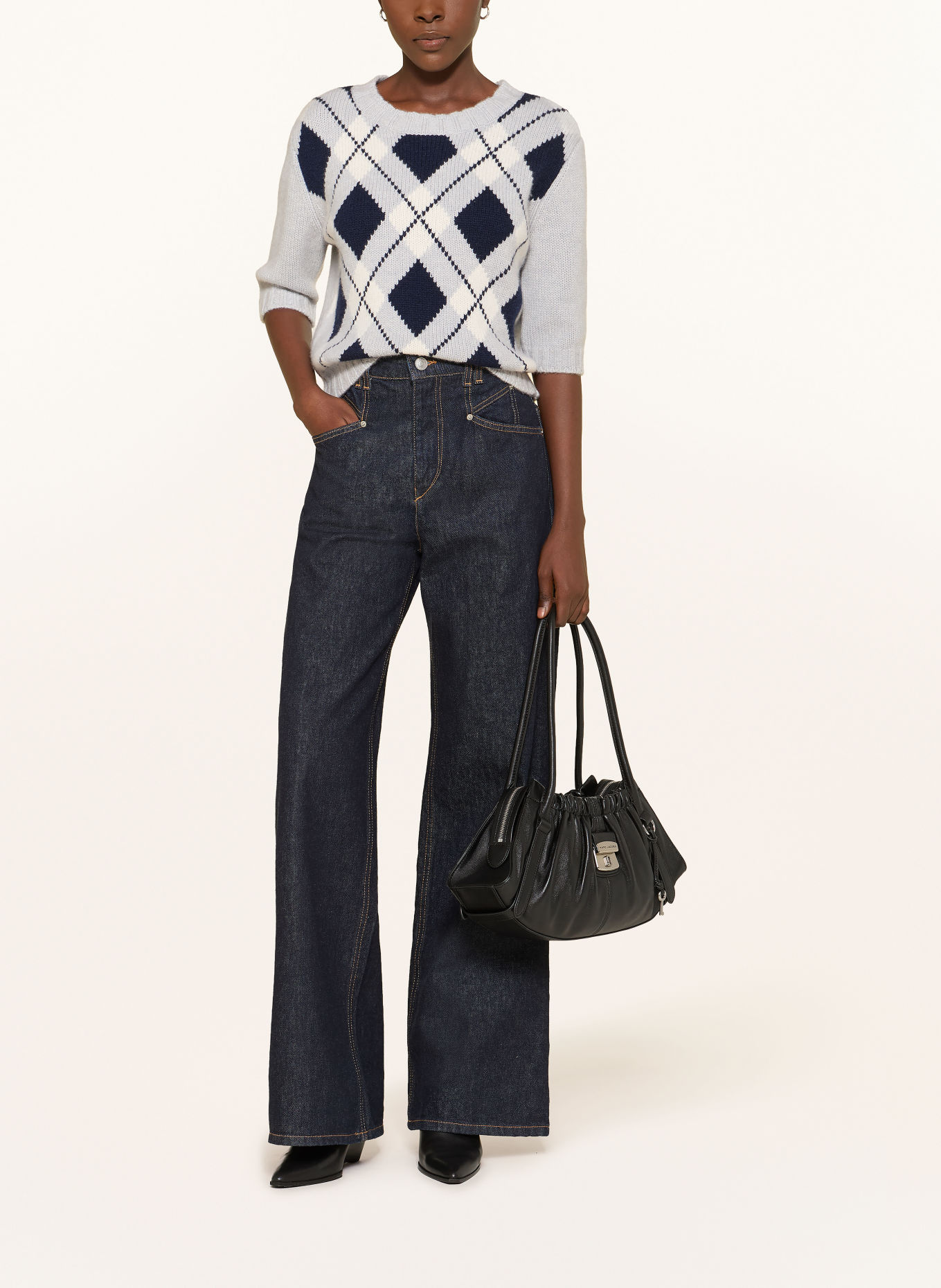 Alcidia da Veiga Pull en cachemire à manches 3/4: BLEU GRIS / CRÈME / BLEU FONCÉ