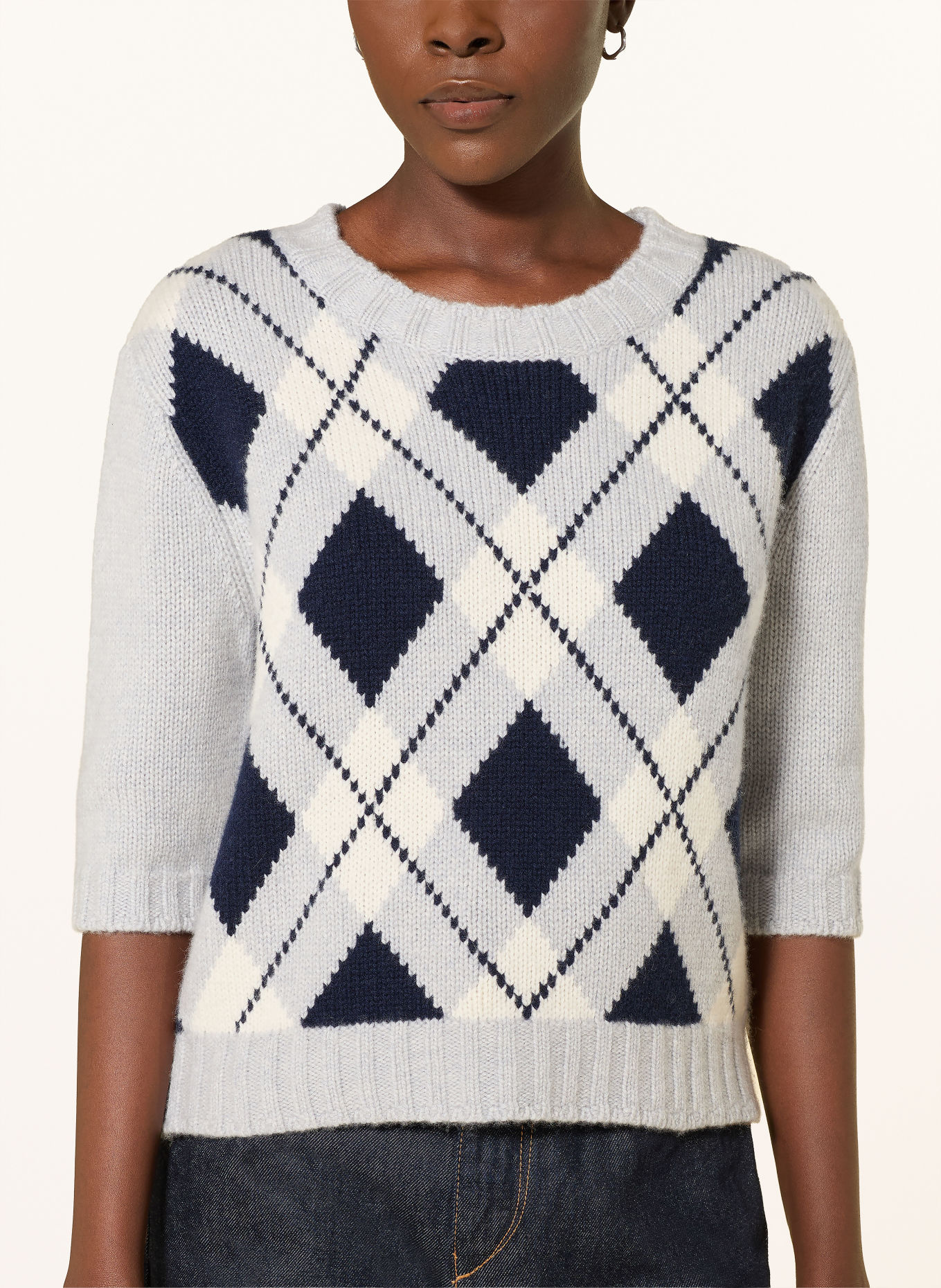 Alcidia da Veiga Pull en cachemire à manches 3/4: BLEU GRIS / CRÈME / BLEU FONCÉ