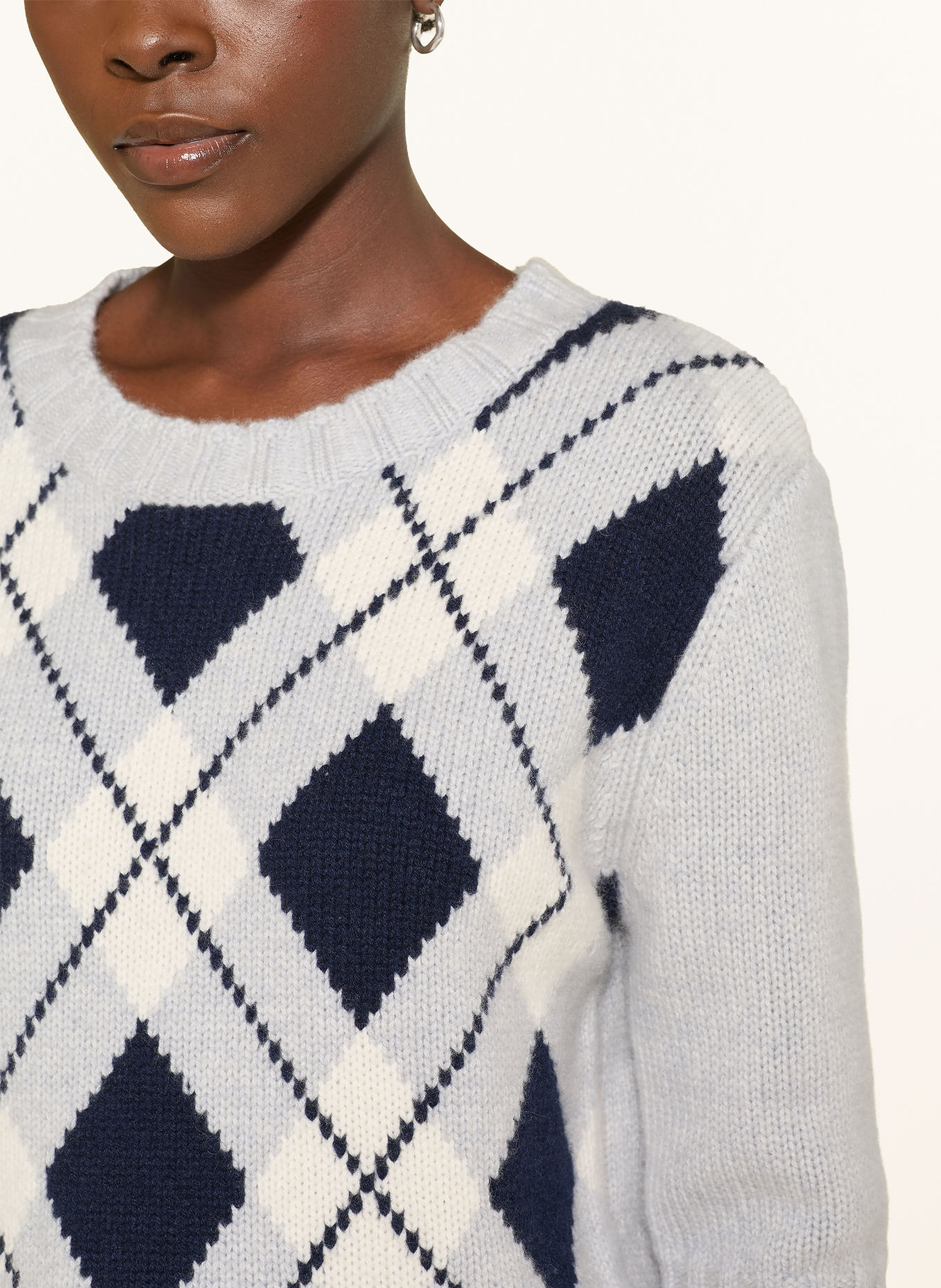 Alcidia da Veiga Pull en cachemire à manches 3/4: BLEU GRIS / CRÈME / BLEU FONCÉ