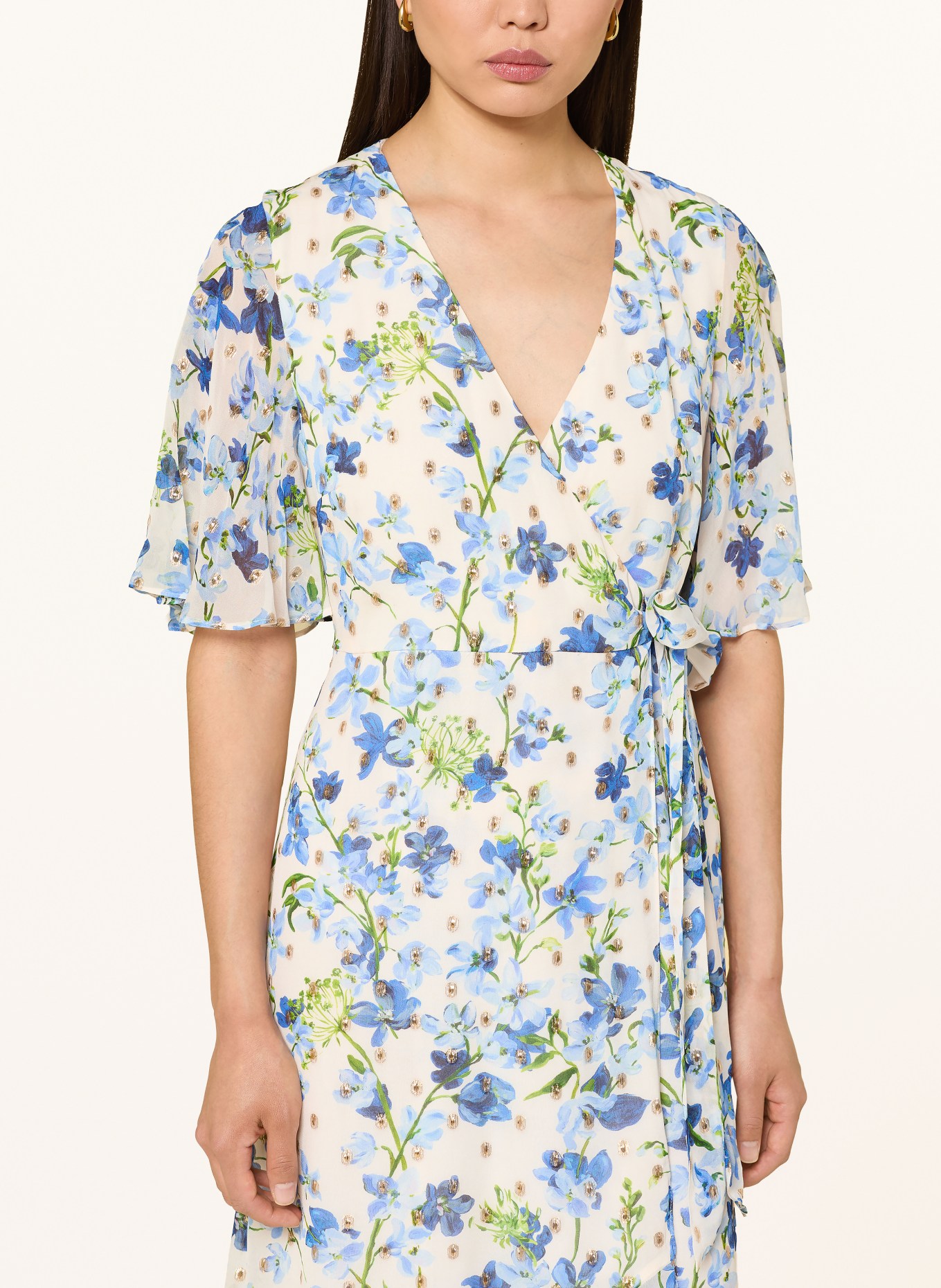 Phase Eight Wickelkleid JULIETTE mit Glitzergarn und Volants: ECRU / GOLD / DUNKELBLAU