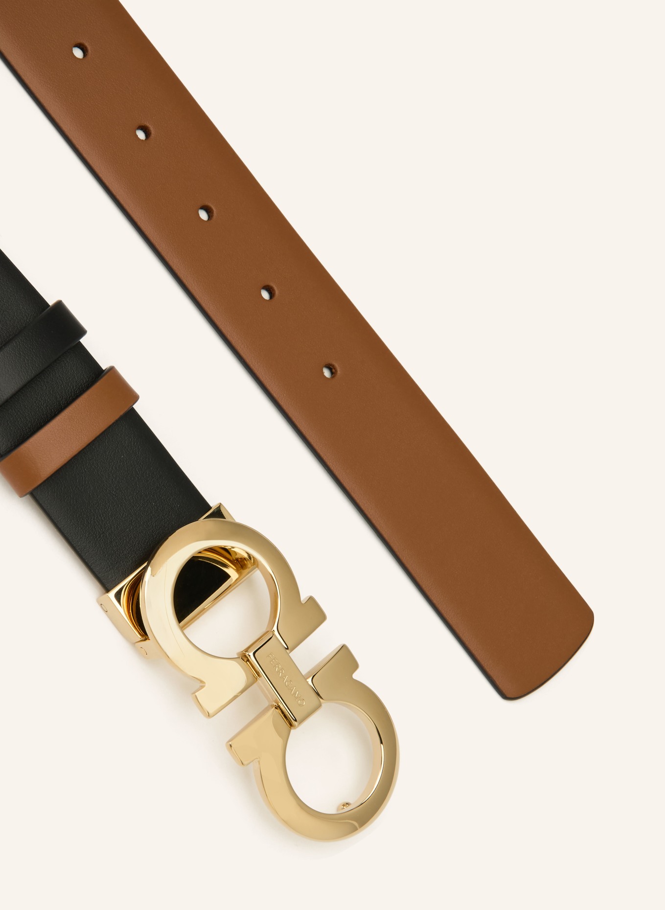 FERRAGAMO Omkeerbare leren riem: BRUIN / GOUD / ZWART