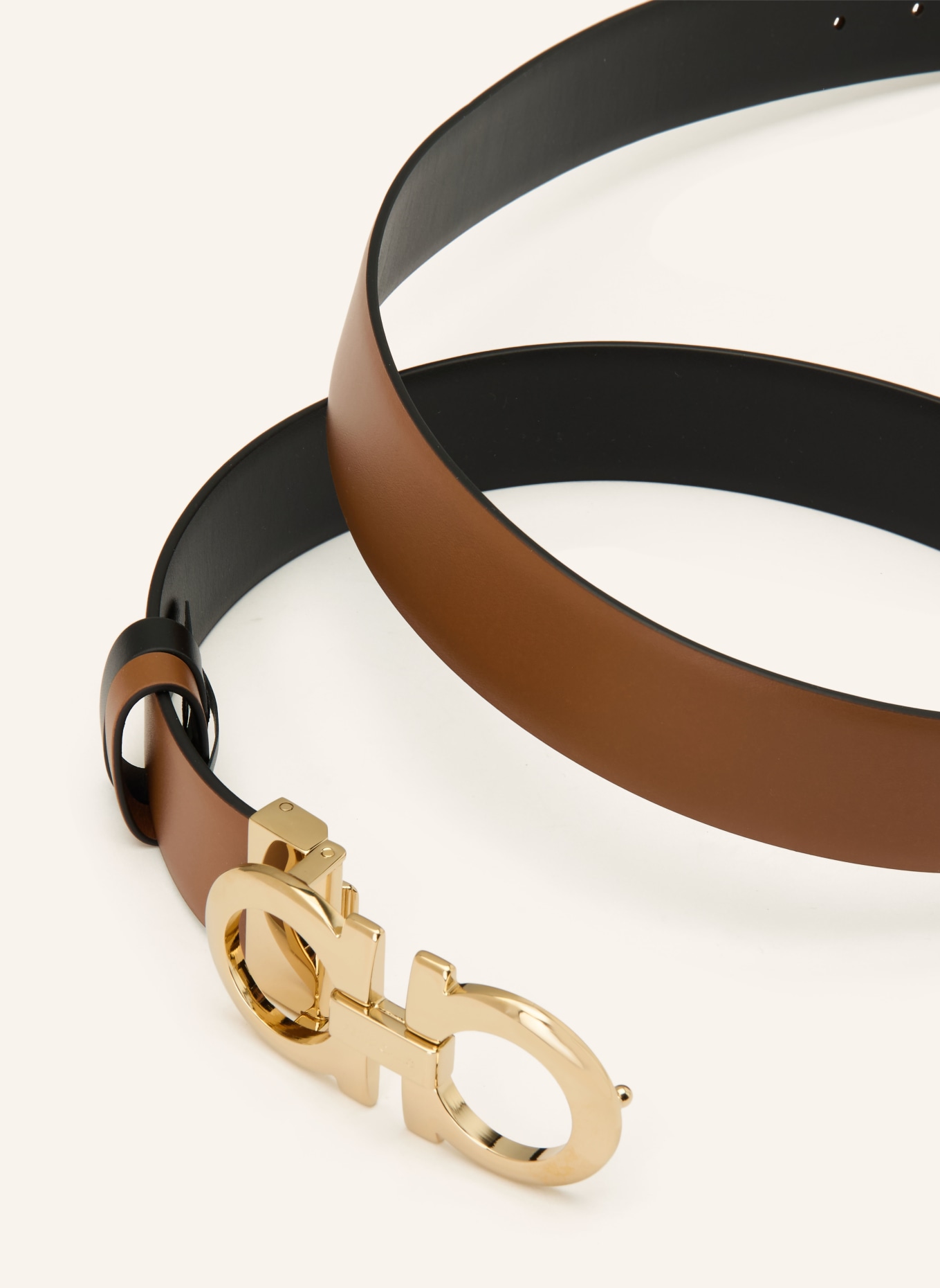 FERRAGAMO Omkeerbare leren riem: BRUIN / GOUD / ZWART