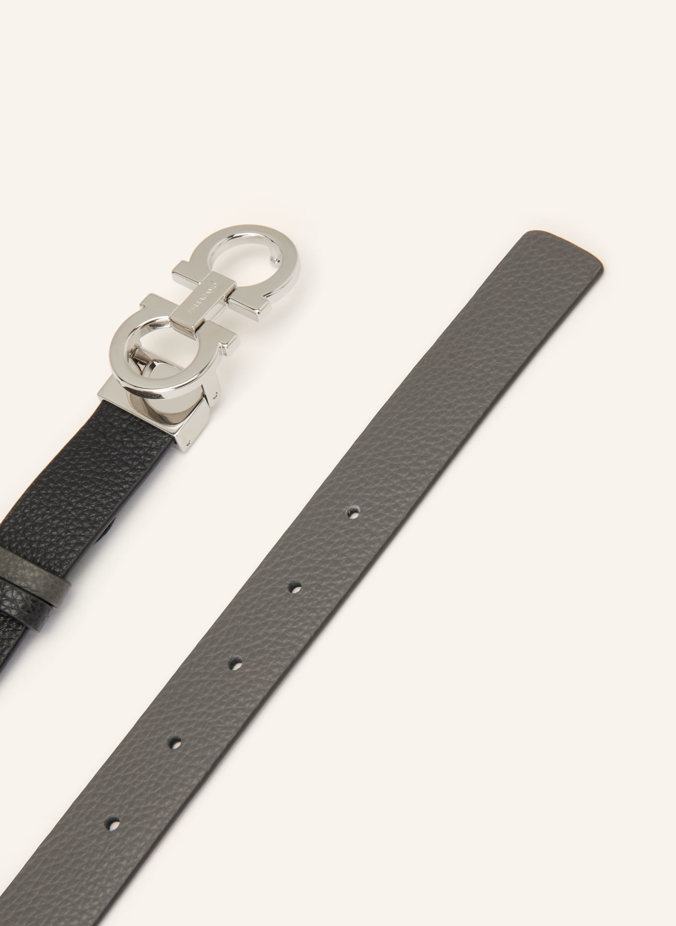 FERRAGAMO Pasek skórzany dwustronny: CZARNY / SREBRNY / SZARY