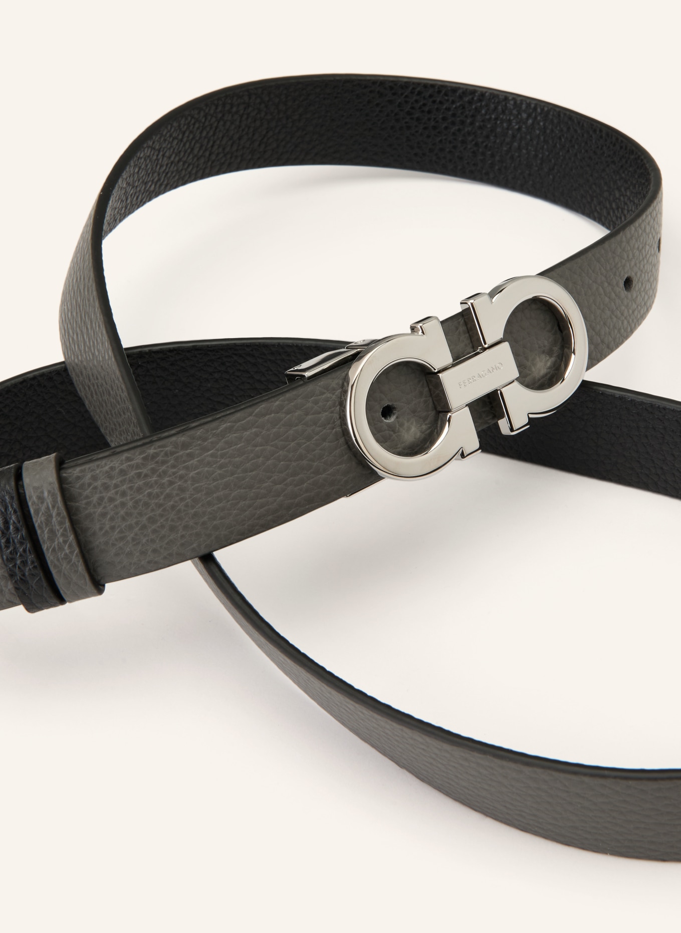 FERRAGAMO Pasek skórzany dwustronny: CZARNY / SREBRNY / SZARY