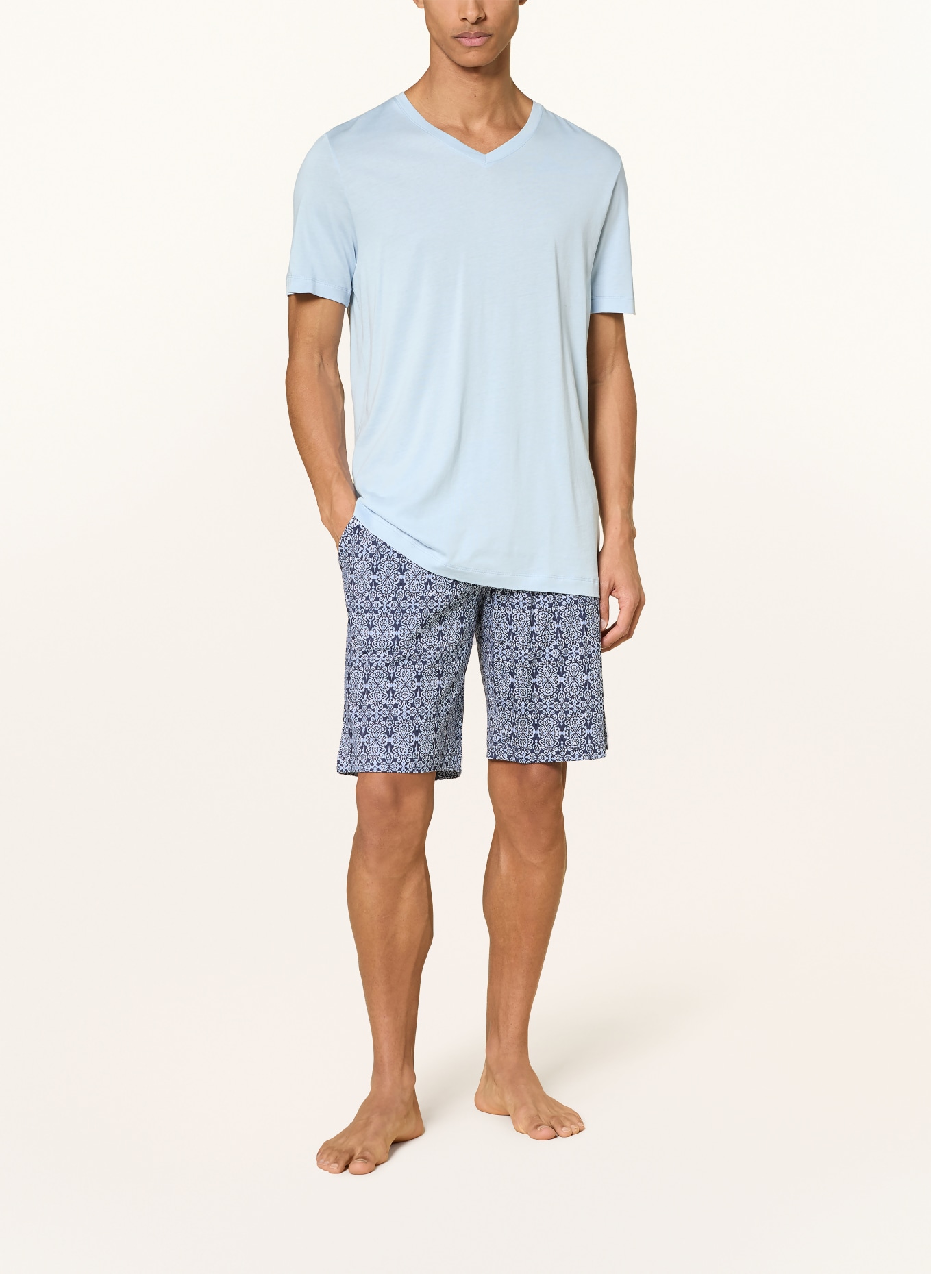 HANRO NIGHT &amp; DAY Shorty Pajamas: LIGHT BLUE / DARK BLUE / WHITE