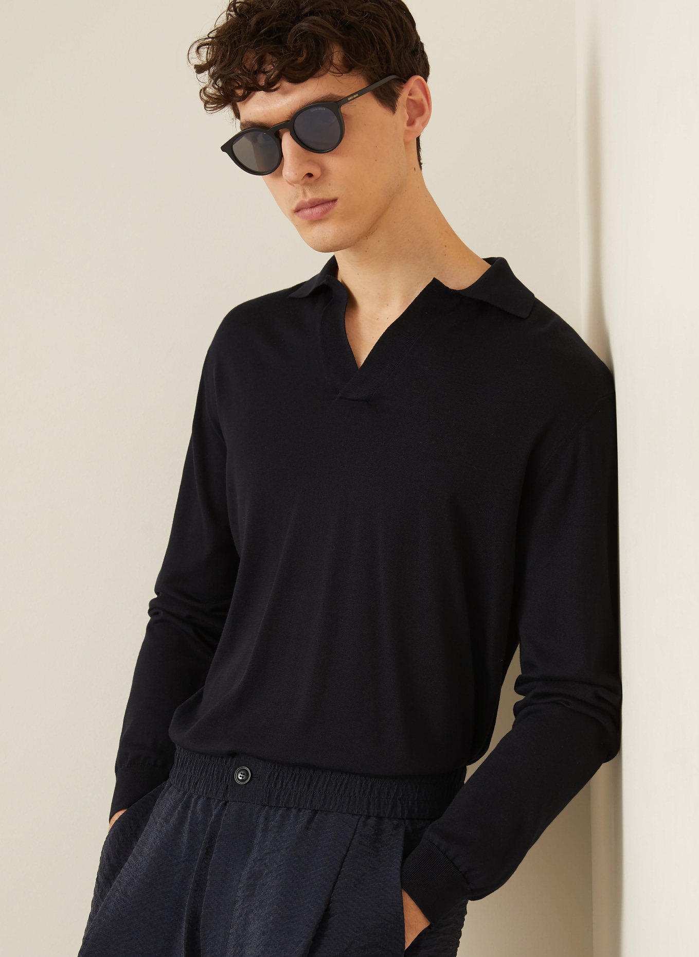 GIORGIO ARMANI Knit polo shirt with silk: DARK BLUE