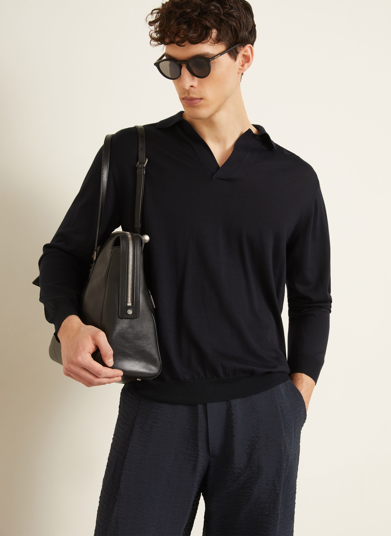 GIORGIO ARMANI Knit polo shirt with silk: DARK BLUE