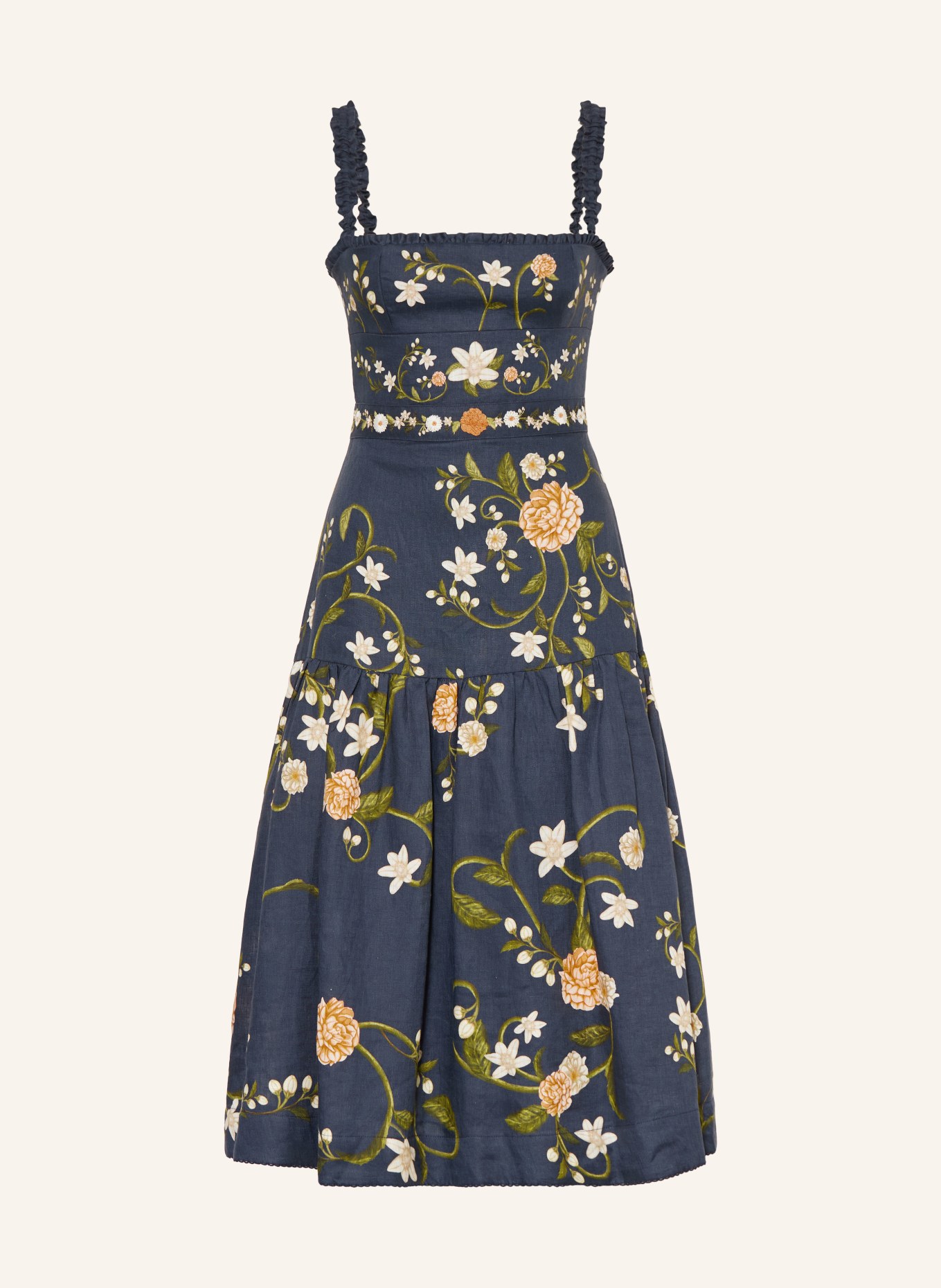 Agua by Agua Bendita Leinenkleid NISPERO VALLE mit Rüschen: DUNKELBLAU / GRÜN / WEISS