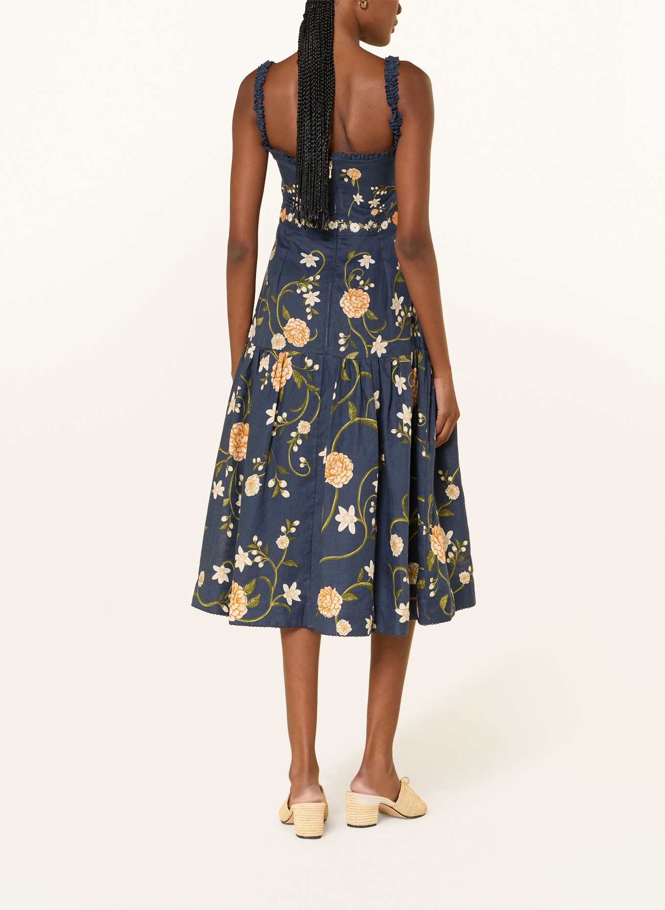 Agua by Agua Bendita Leinenkleid NISPERO VALLE mit Rüschen: DUNKELBLAU / GRÜN / WEISS