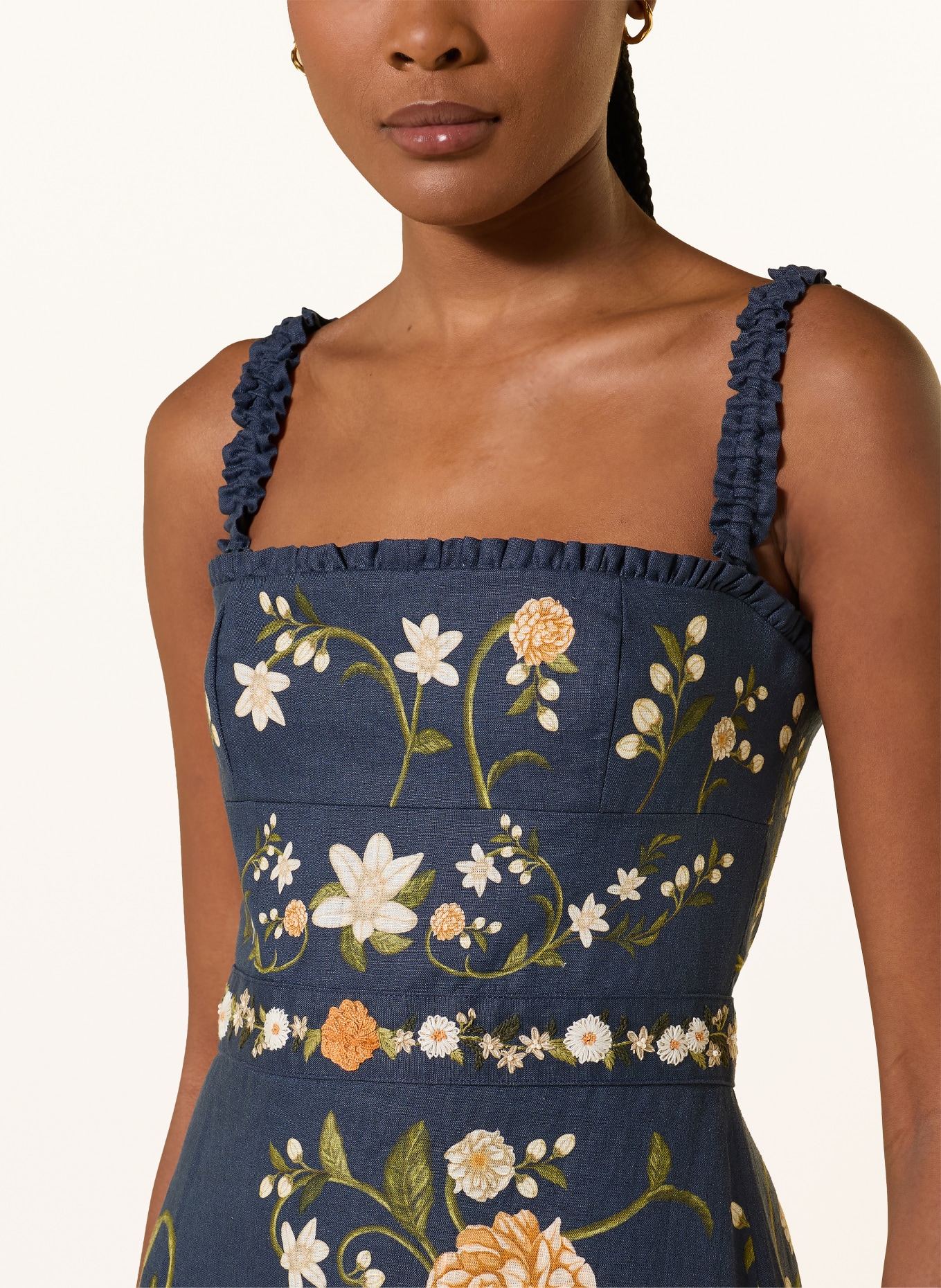 Agua by Agua Bendita Leinenkleid NISPERO VALLE mit Rüschen: DUNKELBLAU / GRÜN / WEISS