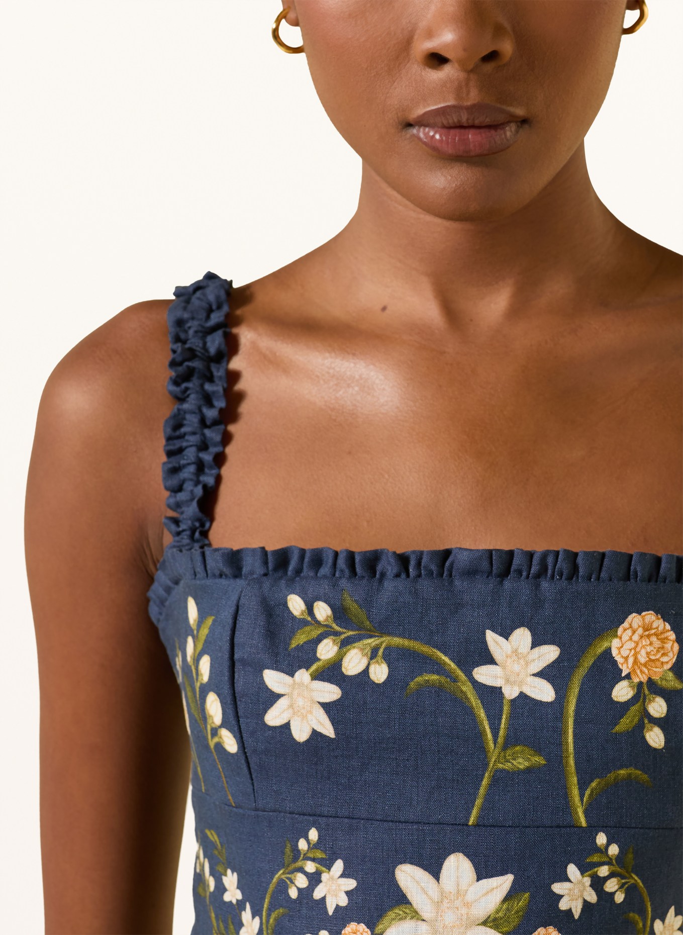 Agua by Agua Bendita Leinenkleid NISPERO VALLE mit Rüschen: DUNKELBLAU / GRÜN / WEISS