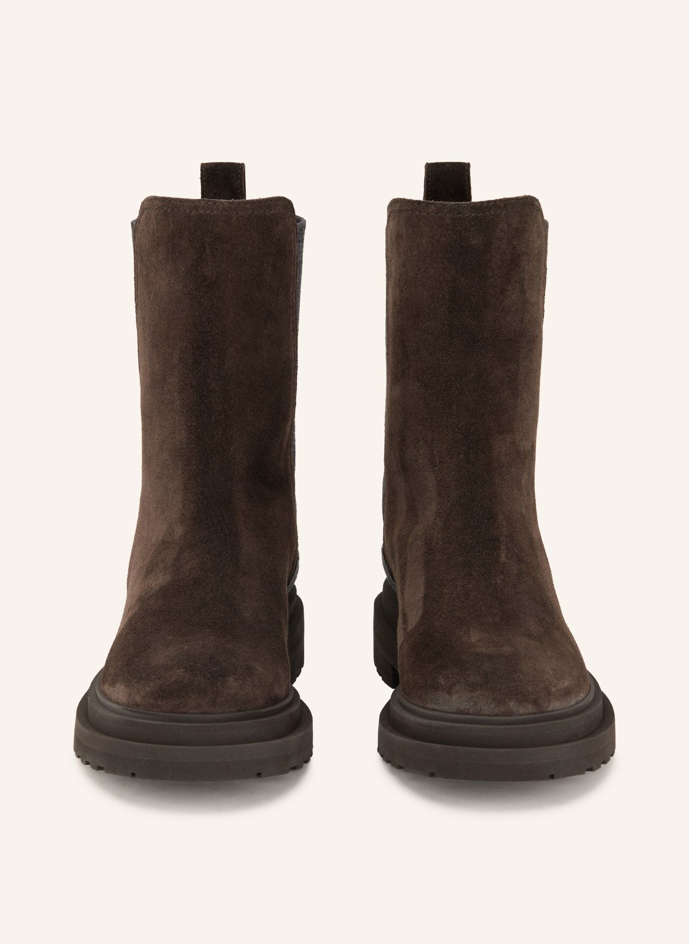 BRUNELLO CUCINELLI Chelsea-Boots mit Schmucksteinen: DUNKELBRAUN / DUNKELGRAU