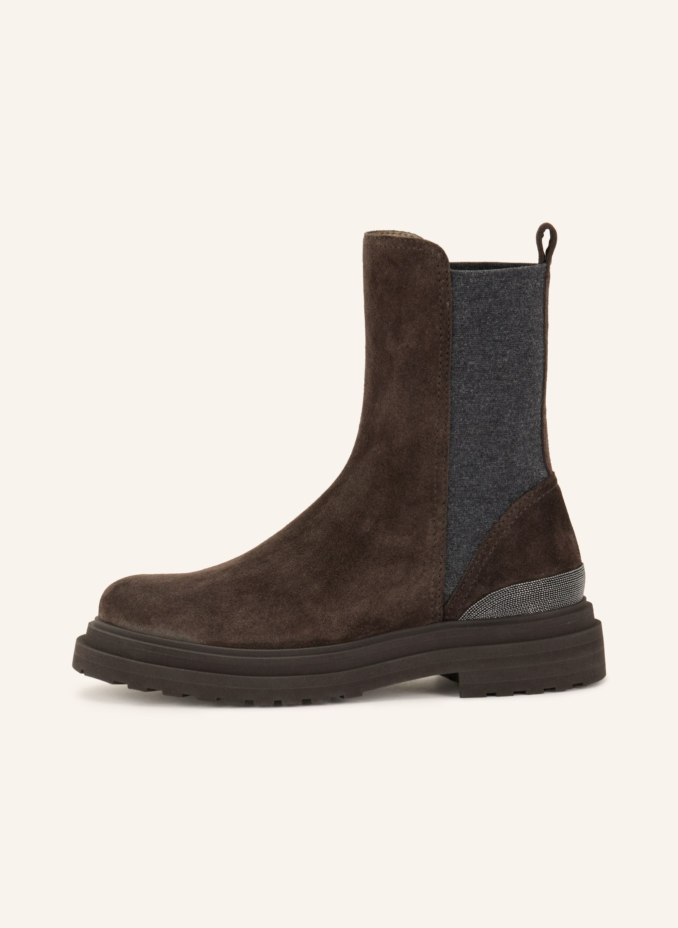 BRUNELLO CUCINELLI Chelsea-Boots mit Schmucksteinen: DUNKELBRAUN / DUNKELGRAU