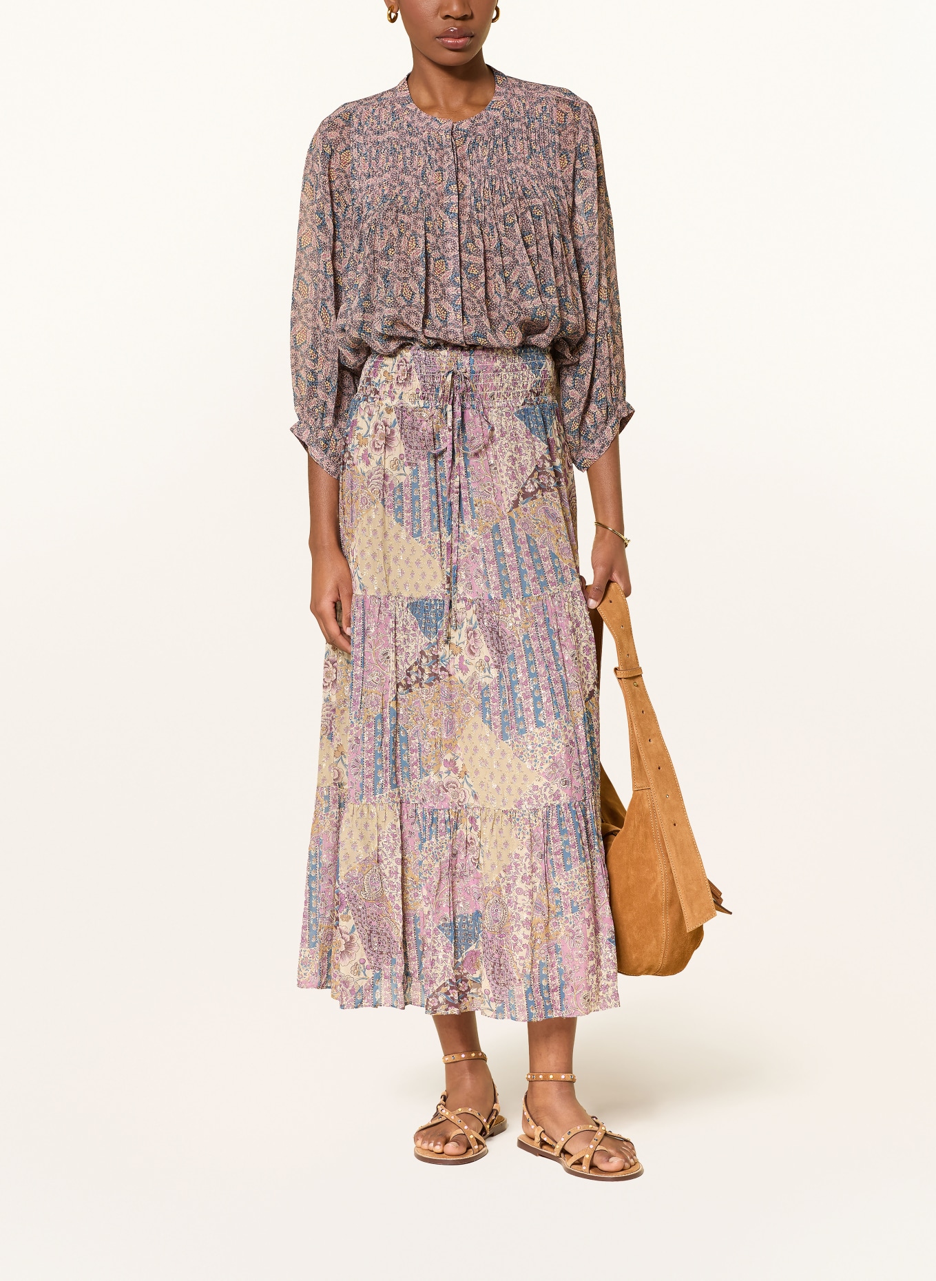 ba&sh Blůza TAZIO s plisováním a 3/4 rukávy: ČERNOŠEDÁ / STARORŮŽOVÁ / TMAVĚ ŽLUTÁ