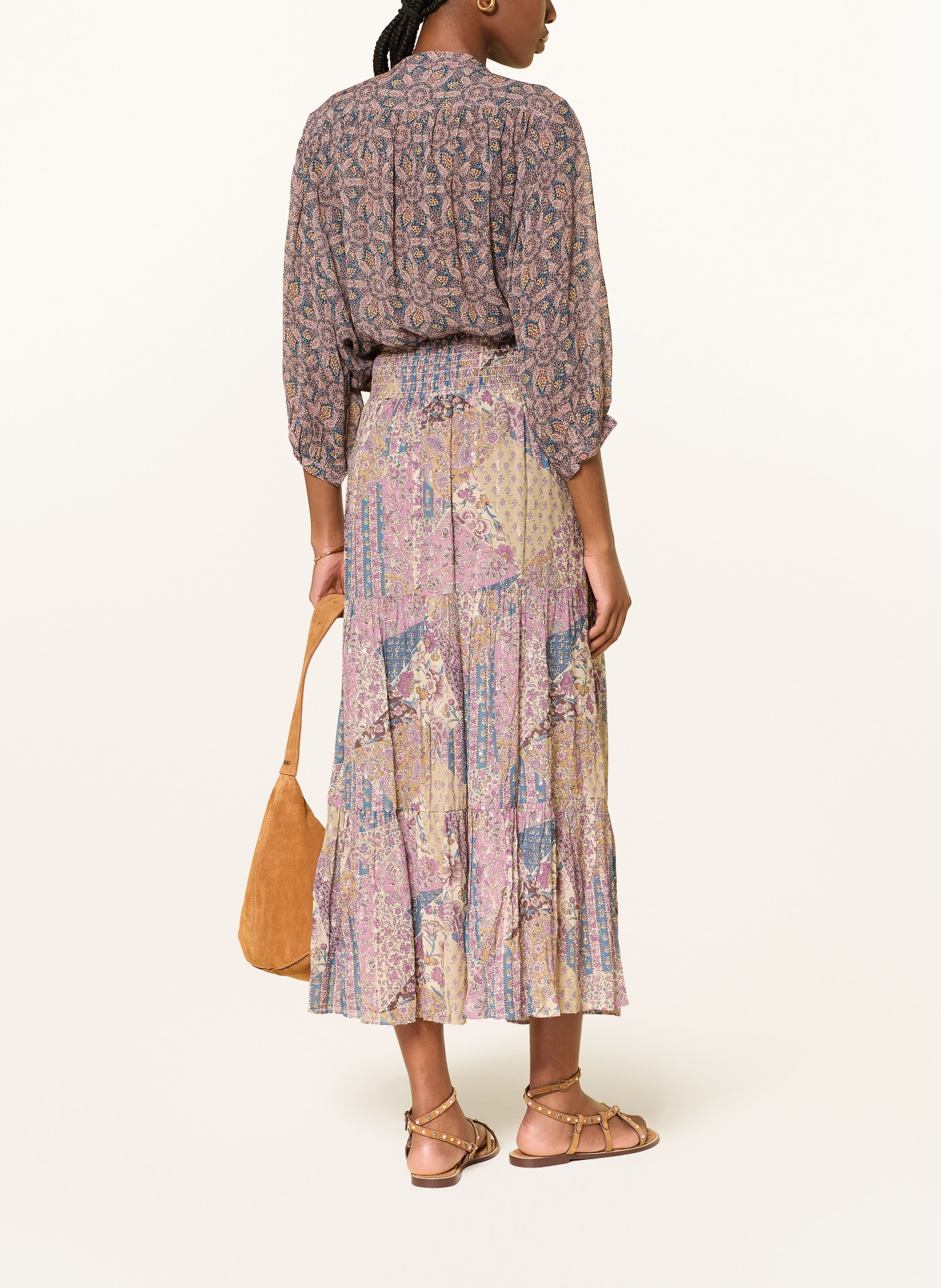 ba&sh Blůza TAZIO s plisováním a 3/4 rukávy: ČERNOŠEDÁ / STARORŮŽOVÁ / TMAVĚ ŽLUTÁ