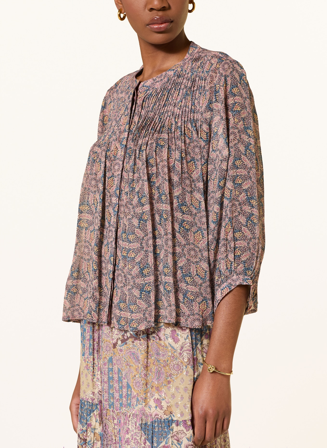 ba&sh Blůza TAZIO s plisováním a 3/4 rukávy: ČERNOŠEDÁ / STARORŮŽOVÁ / TMAVĚ ŽLUTÁ