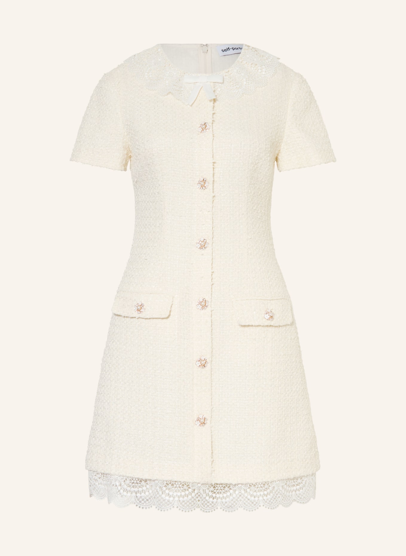 self-portrait Bouclé-Kleid mit Schmucksteinen und Spitze: CREME / GOLD