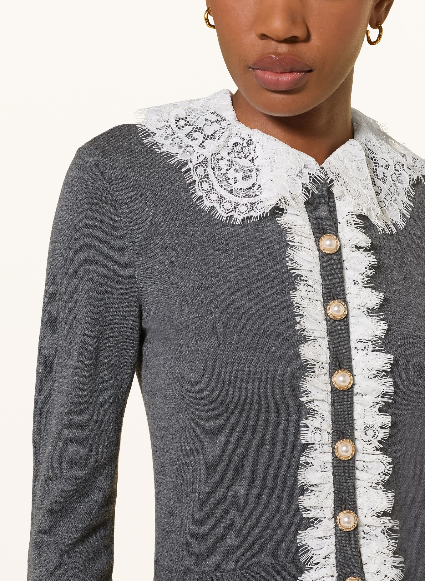 self-portrait Cardigan avec pierres décoratives et dentelle: GRIS FONCÉ / ÉCRU