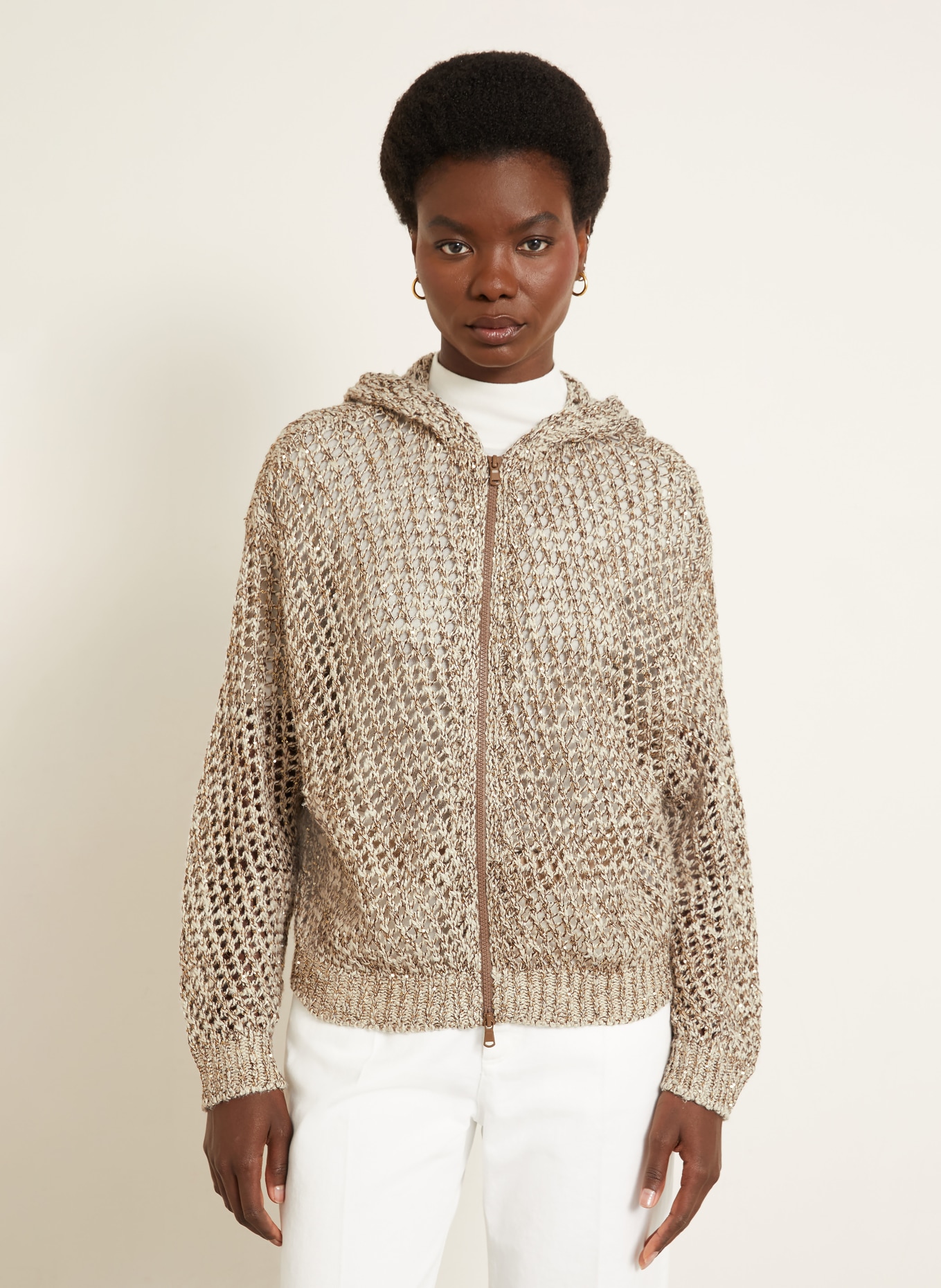 BRUNELLO CUCINELLI Cardigan made of linen and silk: LIGHT BROWN / GOLD / DARK BROWN