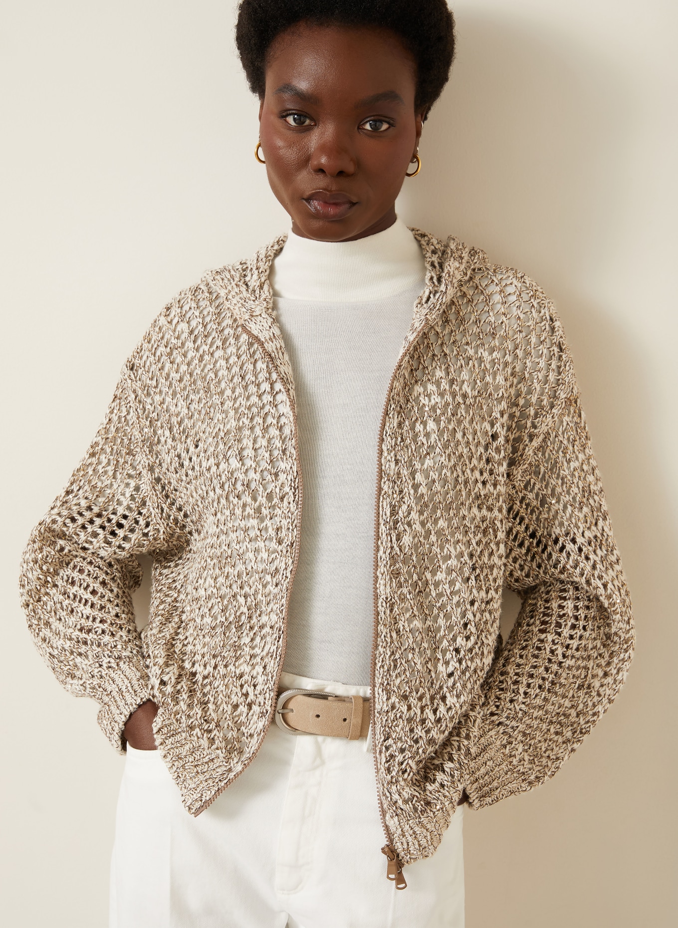 BRUNELLO CUCINELLI Cardigan made of linen and silk: LIGHT BROWN / GOLD / DARK BROWN