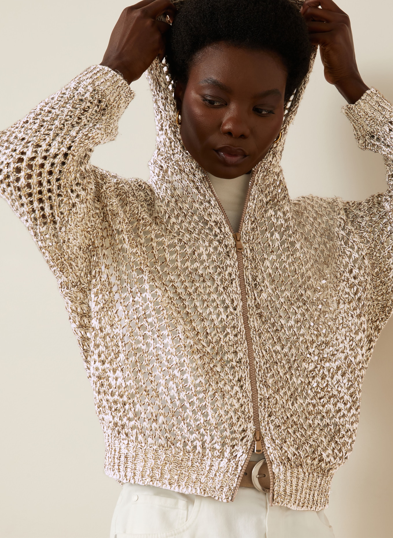 BRUNELLO CUCINELLI Cardigan made of linen and silk: LIGHT BROWN / GOLD / DARK BROWN