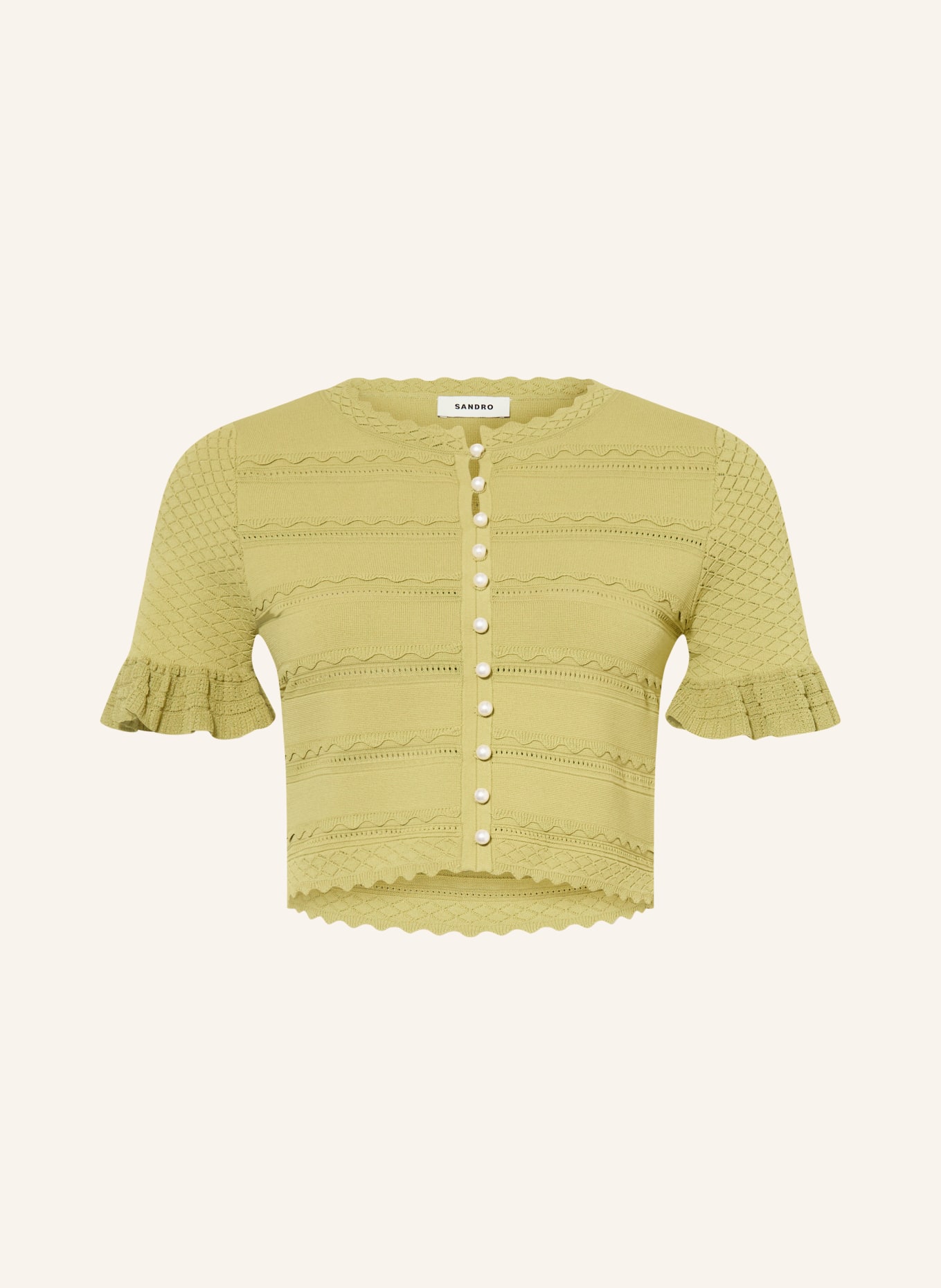 SANDRO Krótki sweter z falbanami i kryształkami: JASNOZIELONY