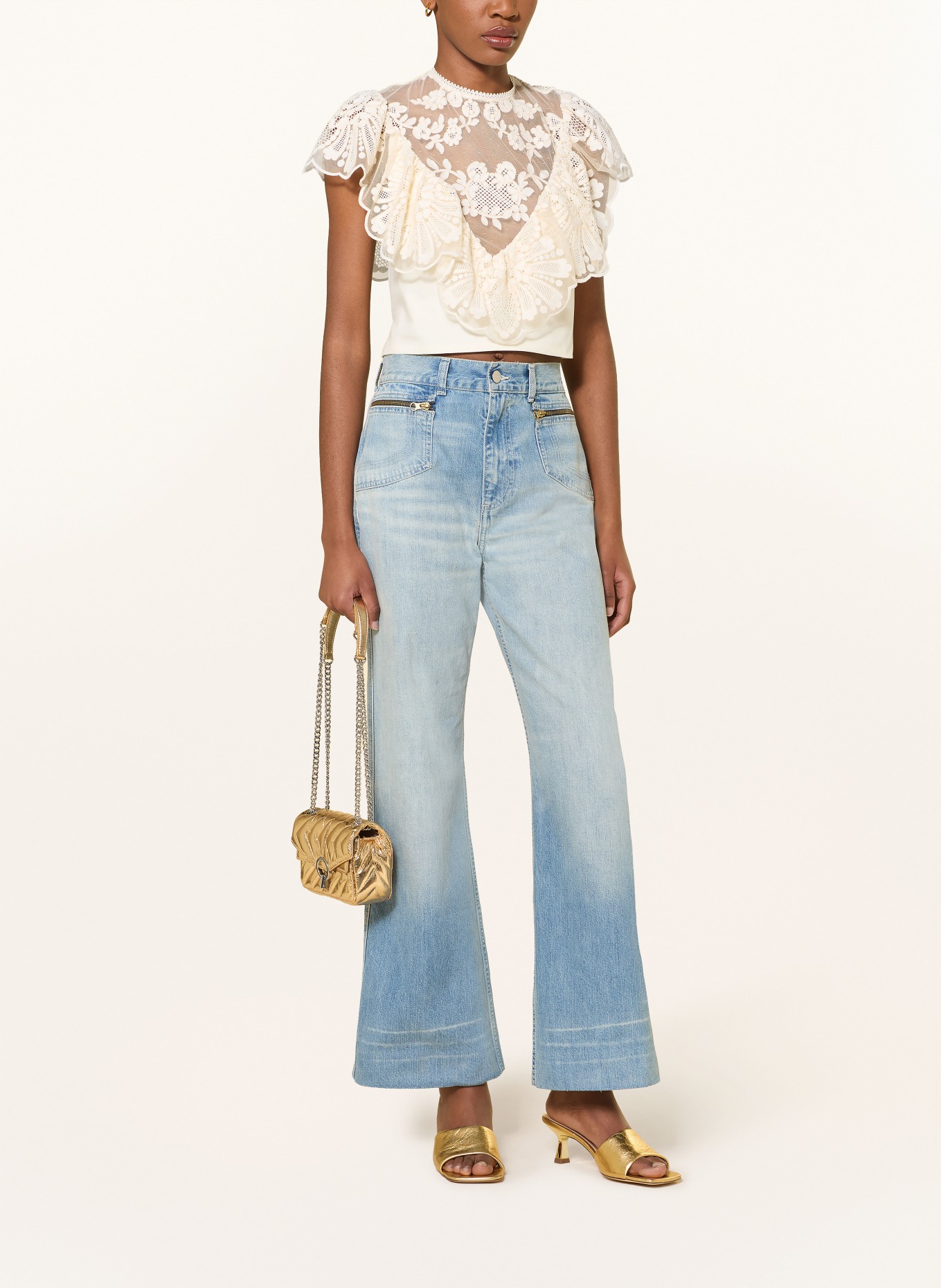 SANDRO Cropped-Blusentop mit Spitze: ECRU