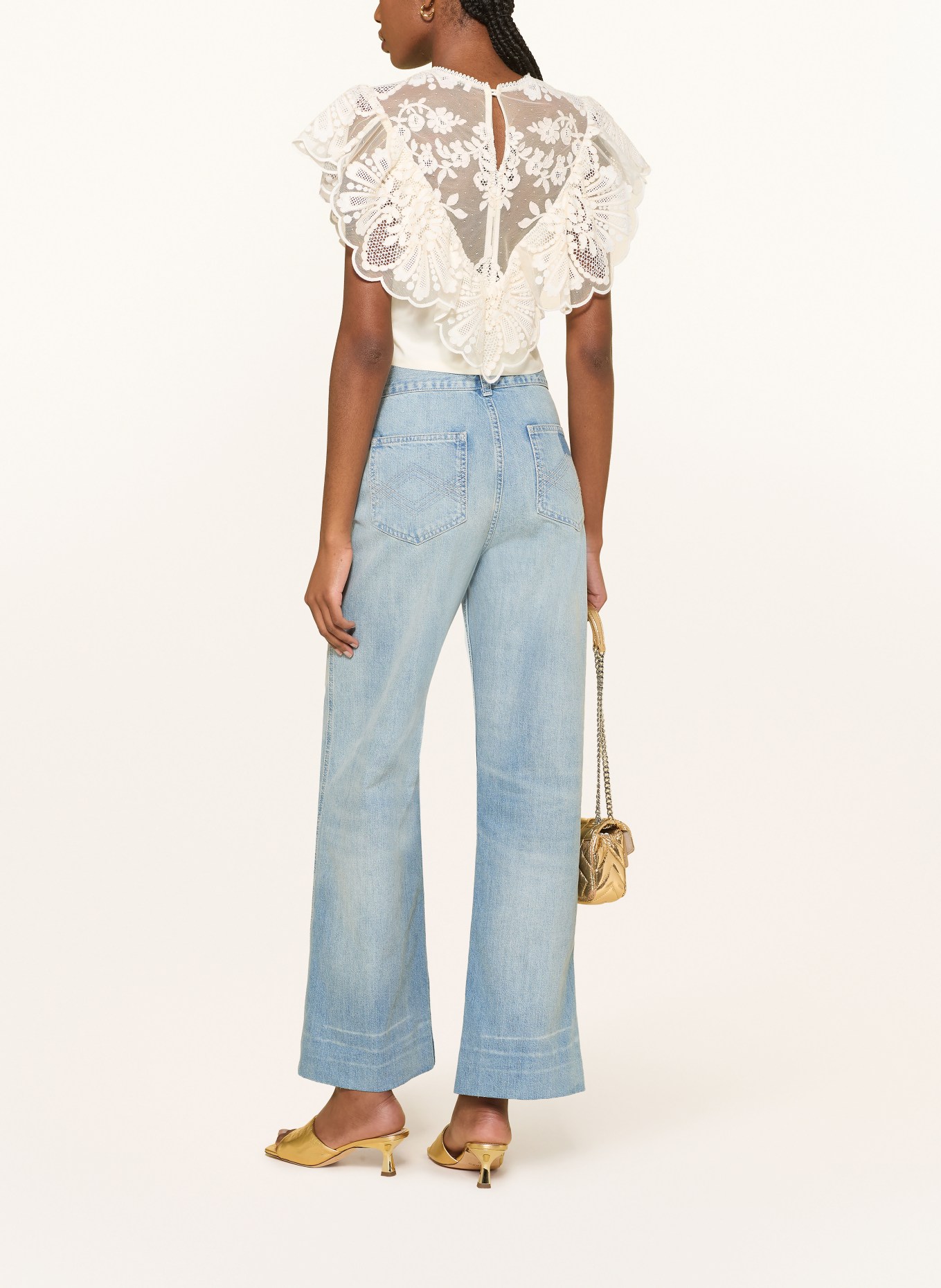 SANDRO Cropped-Blusentop mit Spitze: ECRU