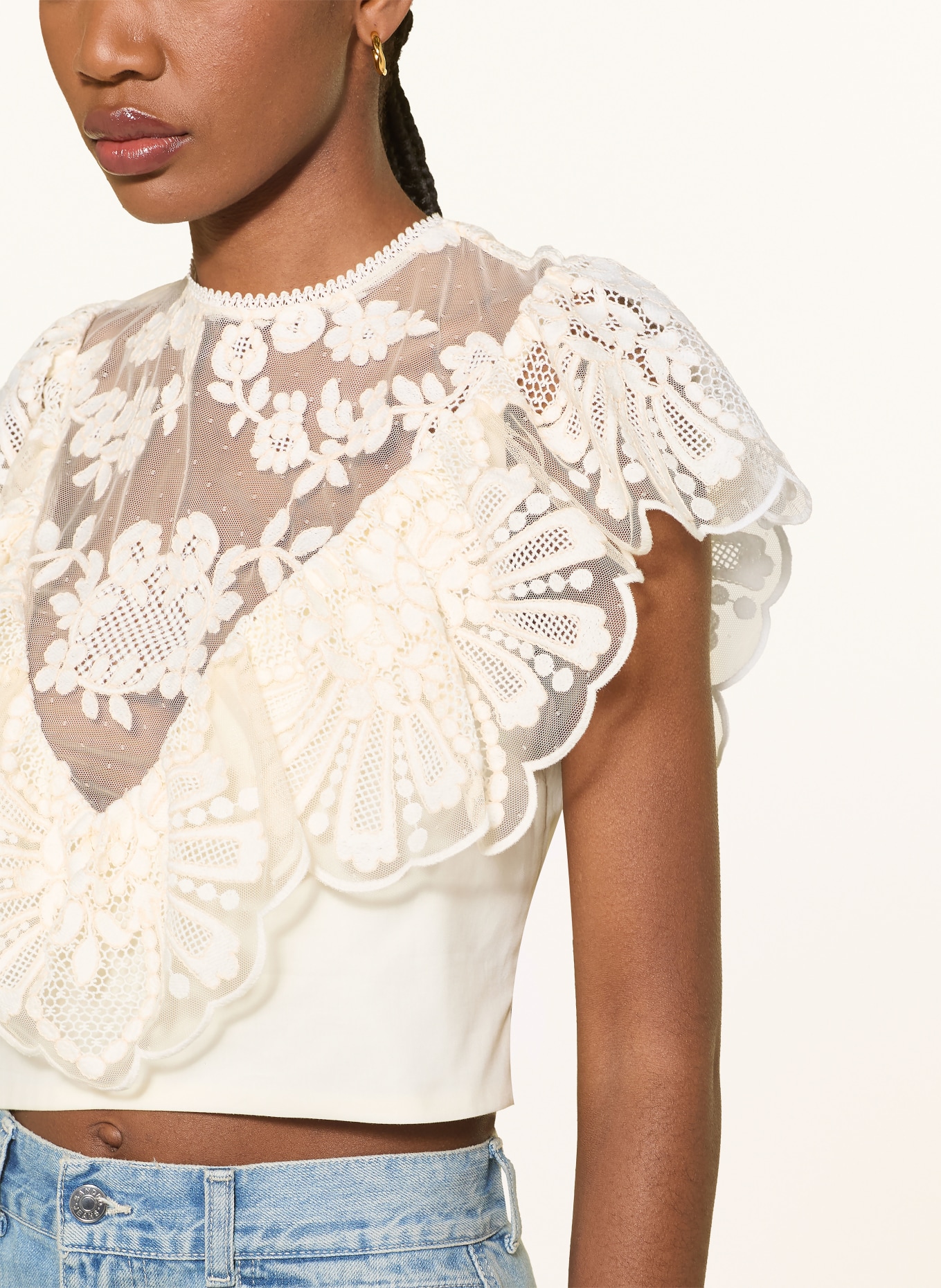 SANDRO Cropped-Blusentop mit Spitze: ECRU