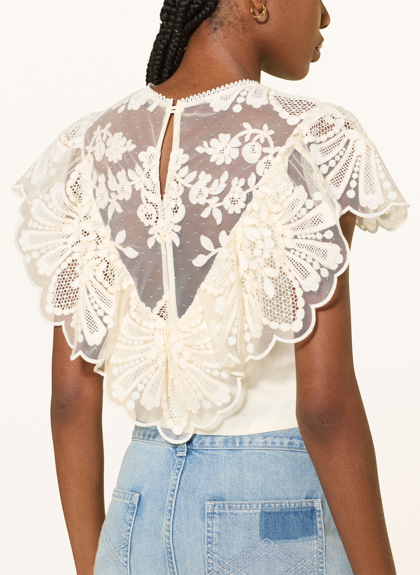 SANDRO Cropped-Blusentop mit Spitze: ECRU