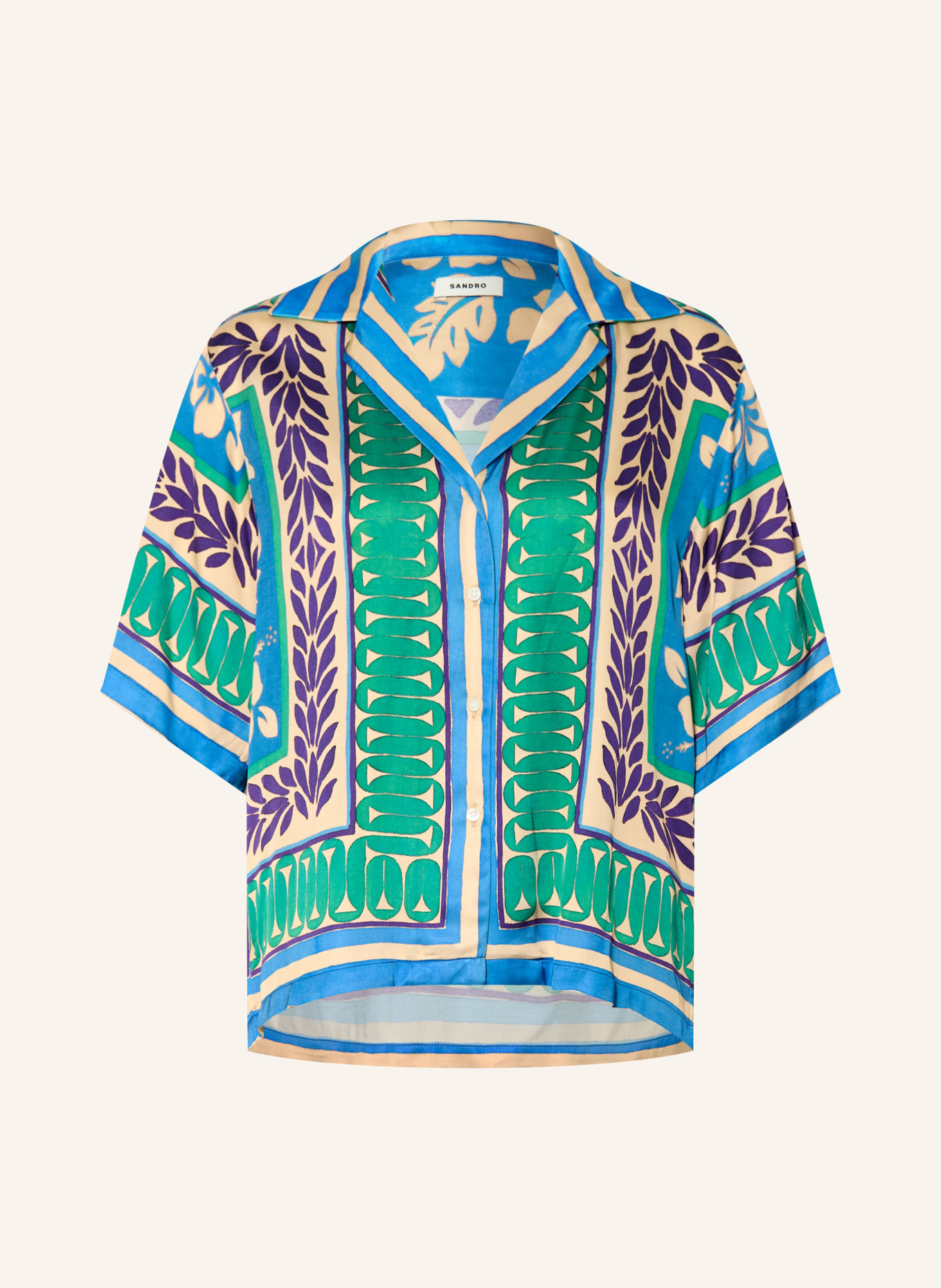 SANDRO Satinbluse: CREME / GRÜN / HELLBLAU