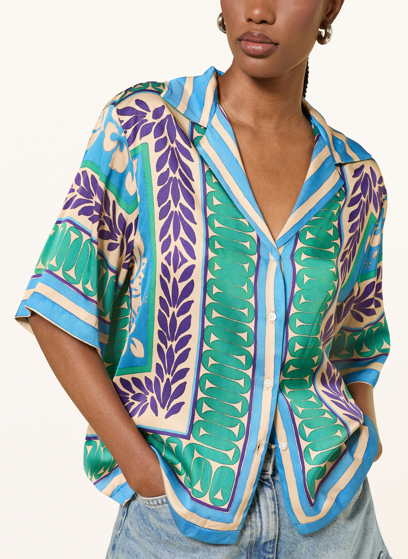 SANDRO Satinbluse: CREME / GRÜN / HELLBLAU