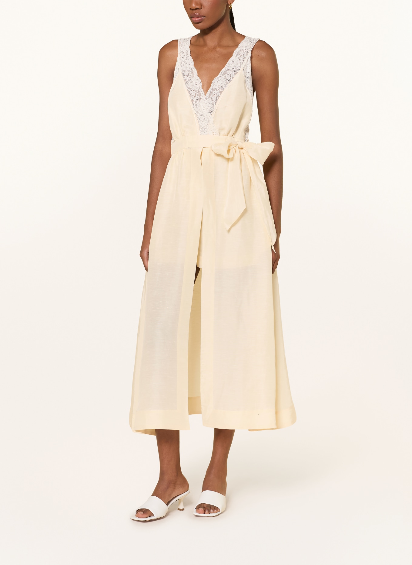 SANDRO Wickelkleid mit Leinen und Spitze: HELLGELB / ECRU