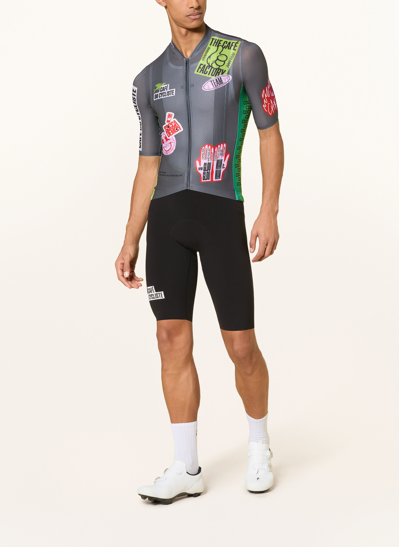 CAFÉ DU CYCLISTE Fietsbroek VICTOIRE met bretels en gewatteerd inzetstuk: ZWART / ROZE / GEEL